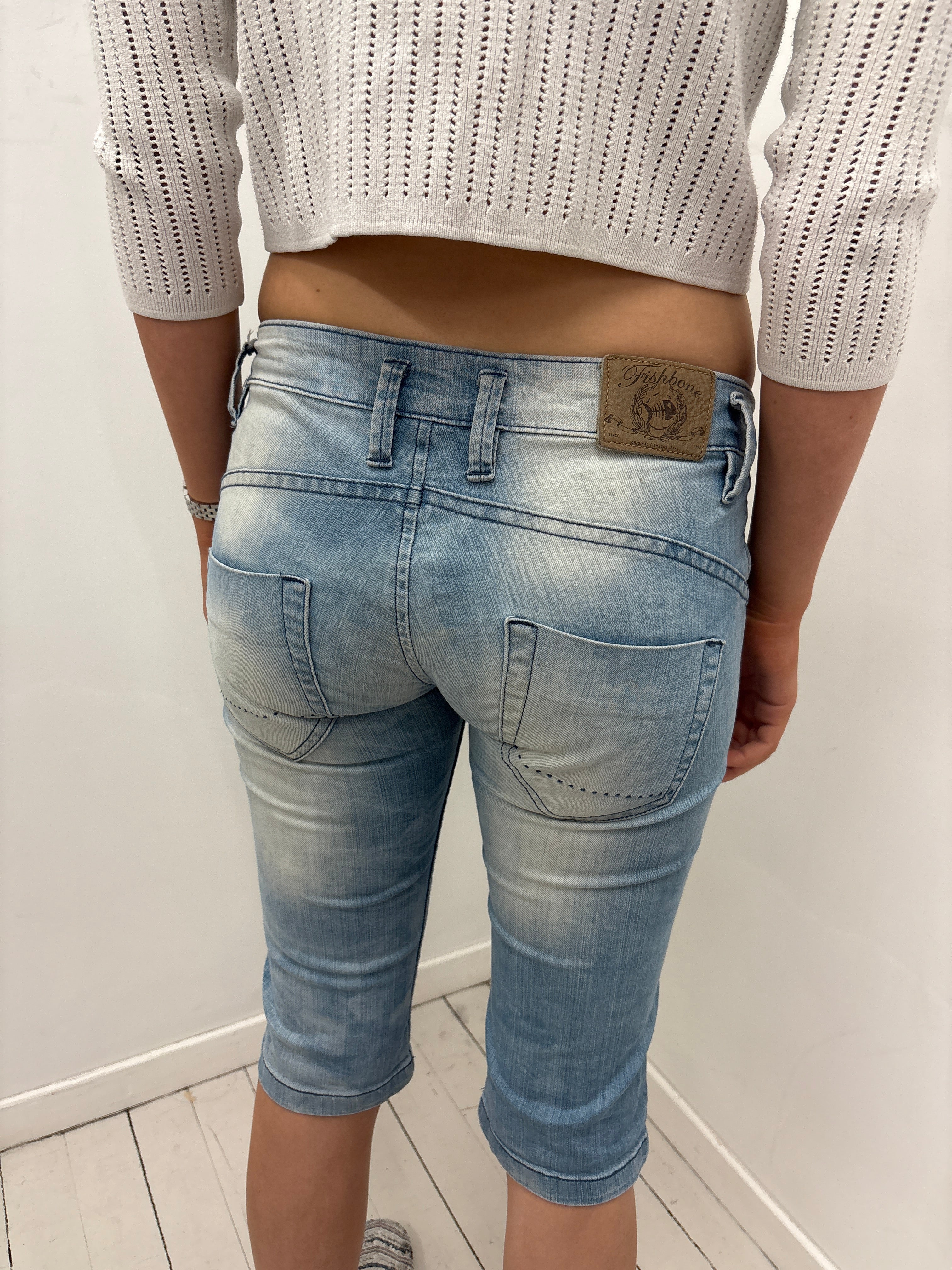 Fishbone Light Wash Denim Capris