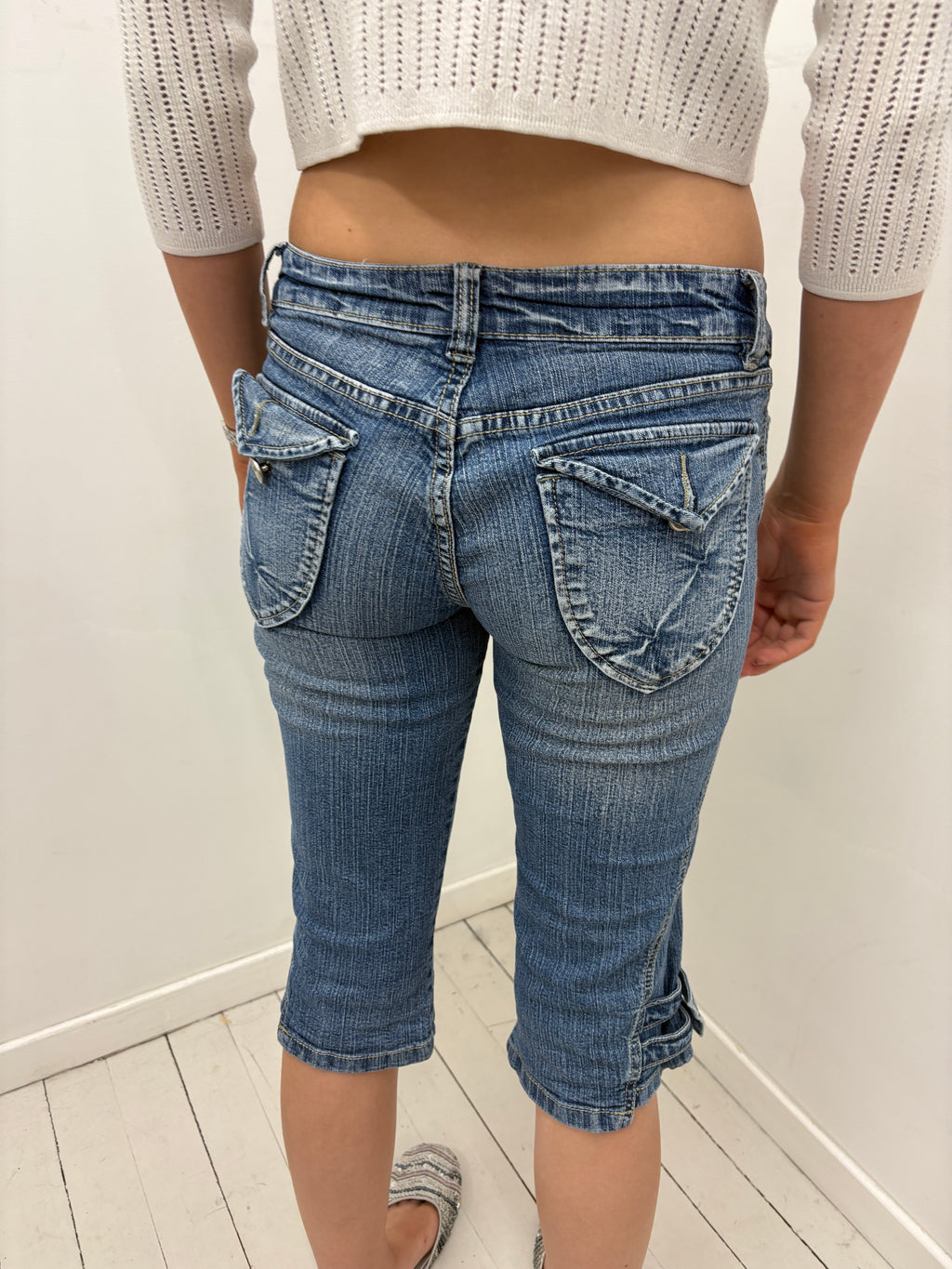 Blue Denim Capri Pants with Buckle Detail