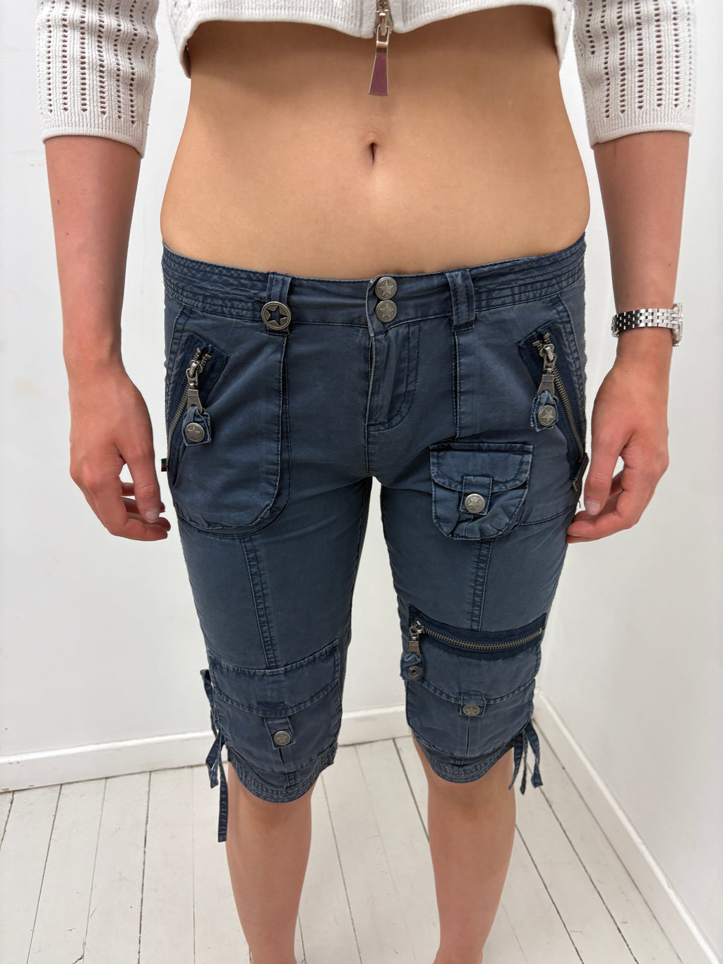 Navy Cargo Shorts with Star Button Details