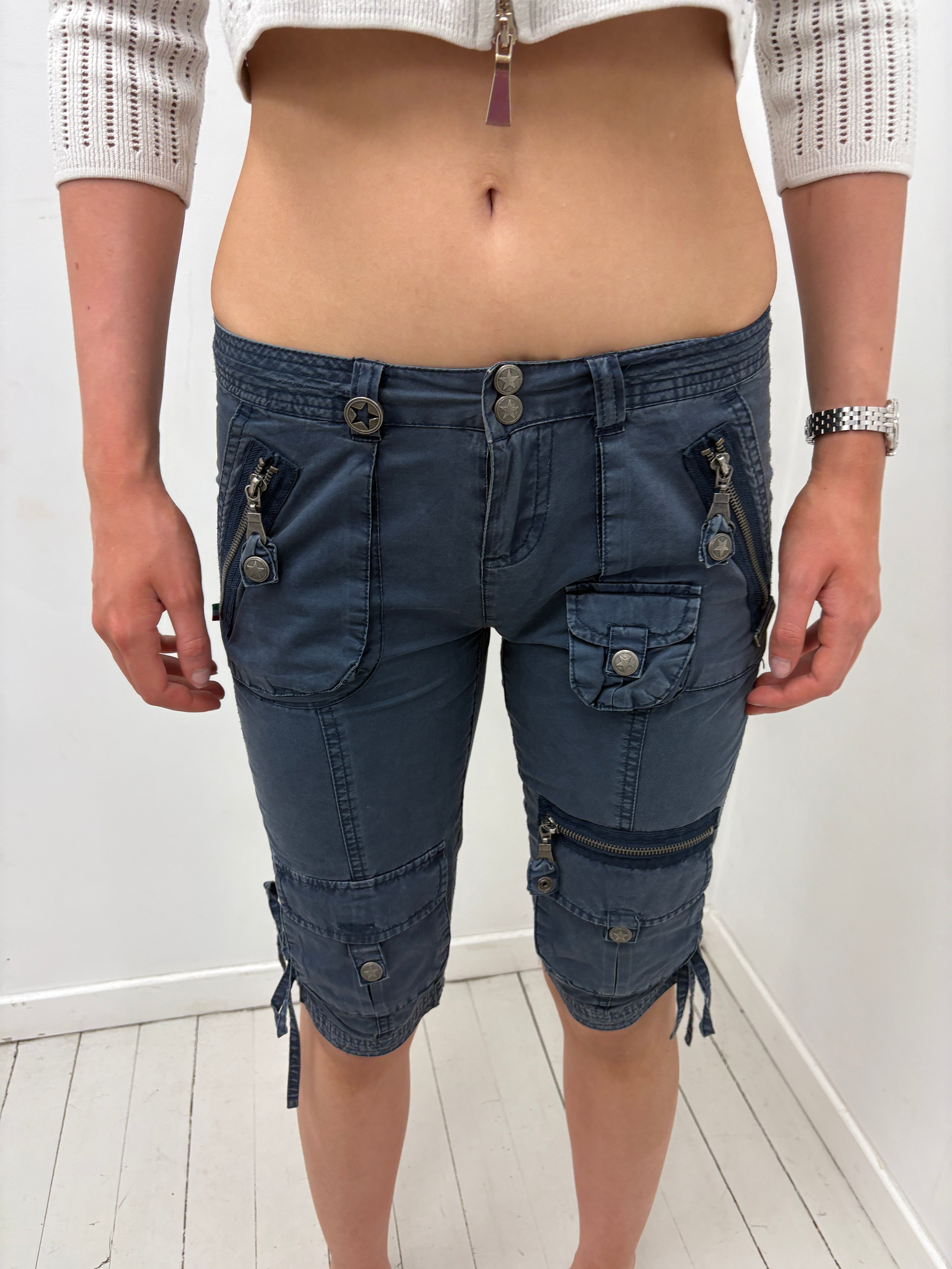 Navy Cargo Shorts with Star Button Details