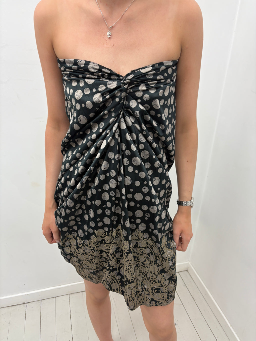 Black & Gold Polka Dot Draped Mini Dress