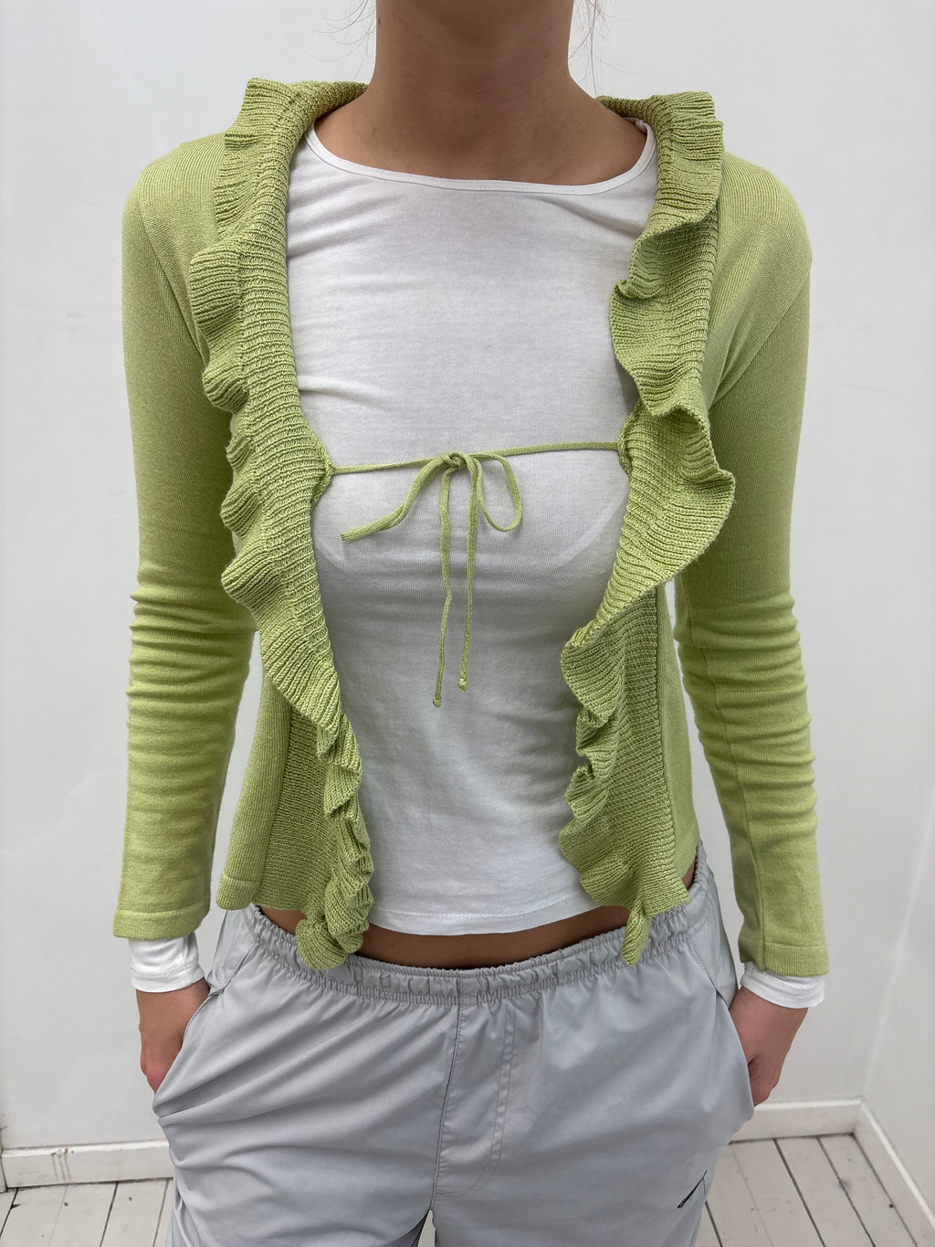 Y2K Light Green Ruffle Knit Cardigan