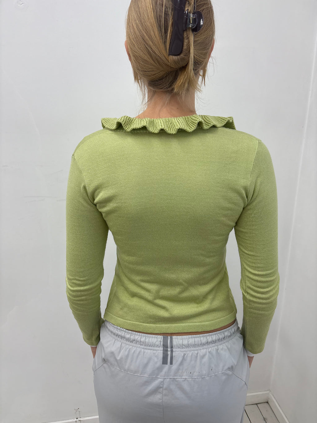 Y2K Light Green Ruffle Knit Cardigan