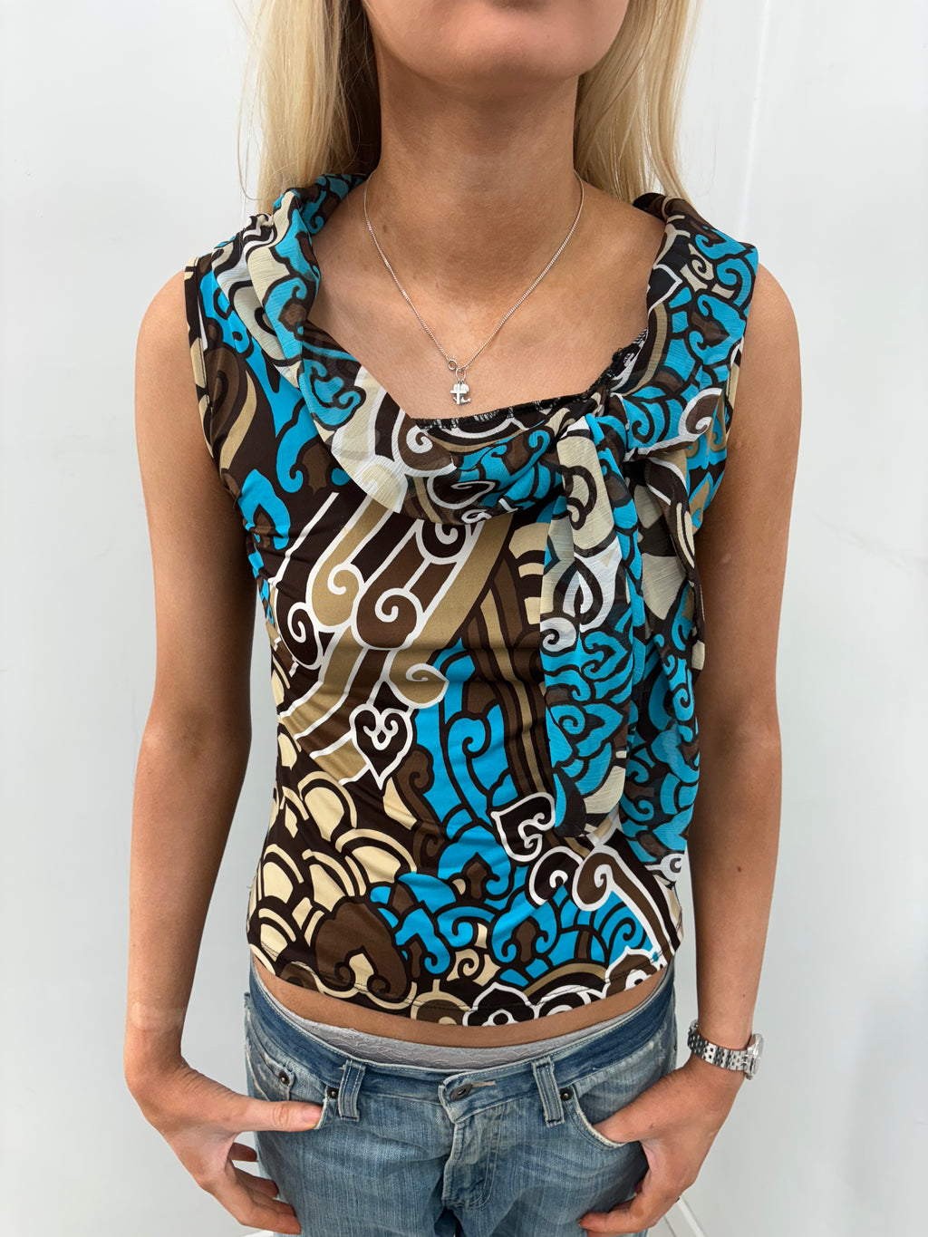 Abstract Print Cowl Neck Sleeveless Top