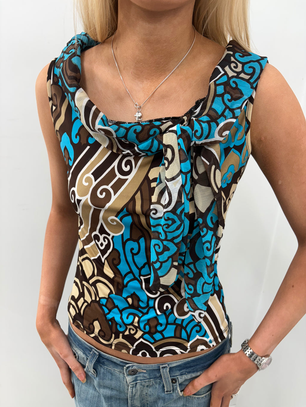 Abstract Print Cowl Neck Sleeveless Top
