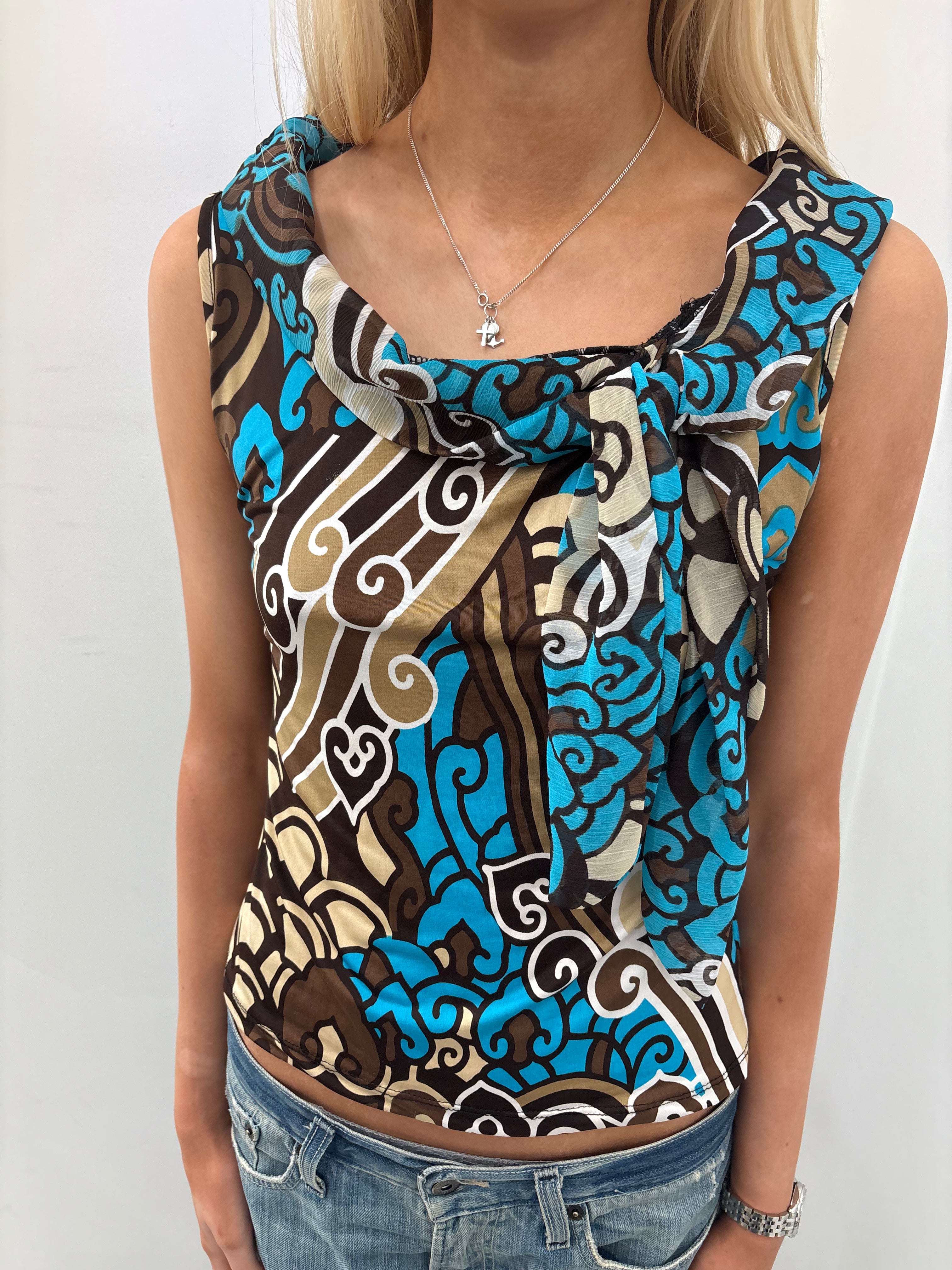 Abstract Print Cowl Neck Sleeveless Top