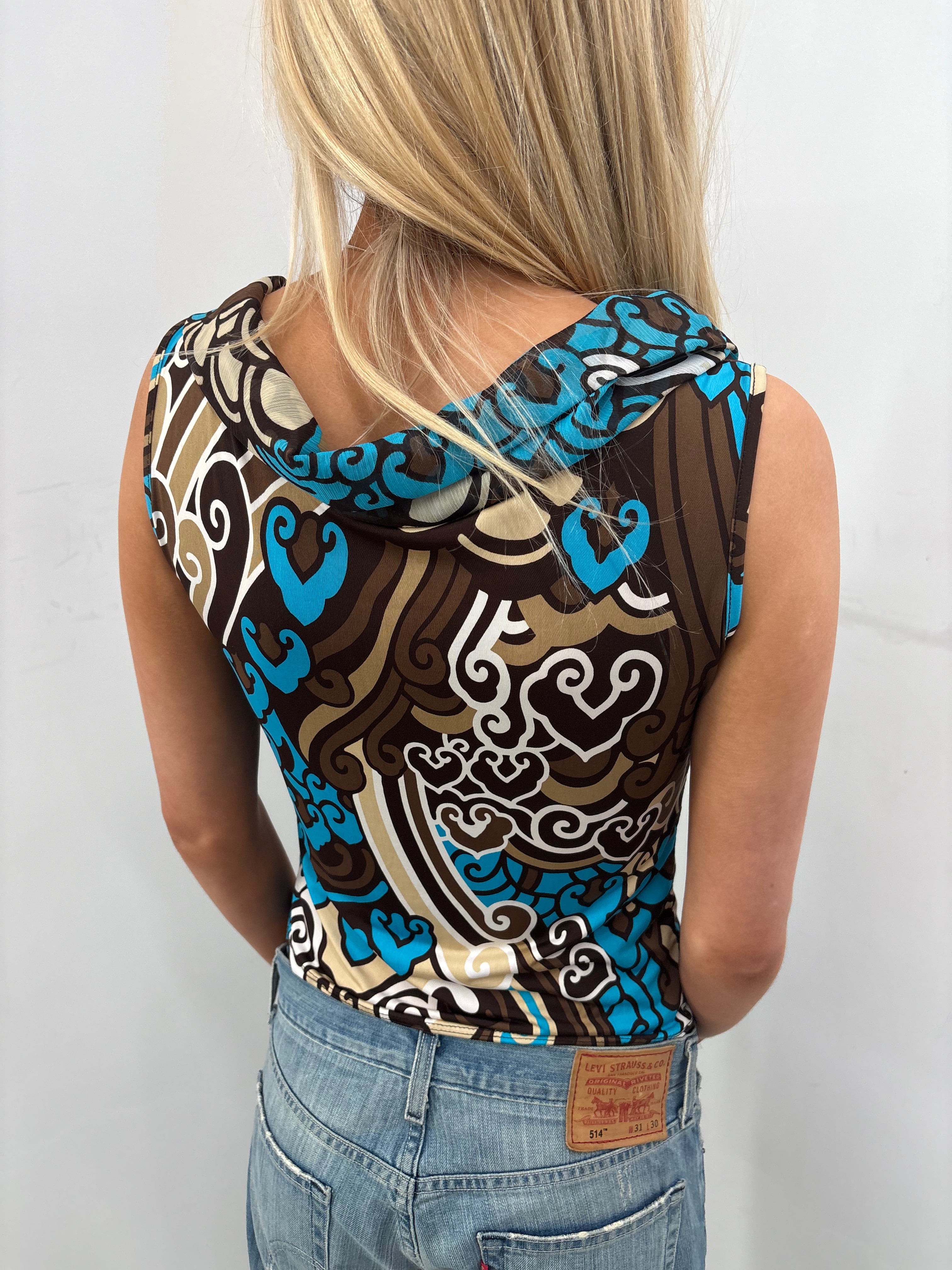 Abstract Print Cowl Neck Sleeveless Top