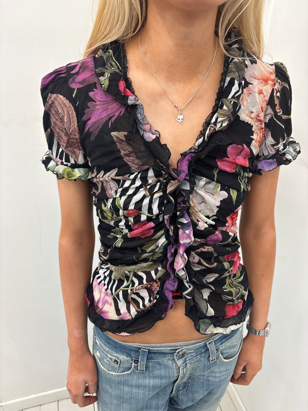 Roberto Cavalli Floral Ruffle Sheer Top