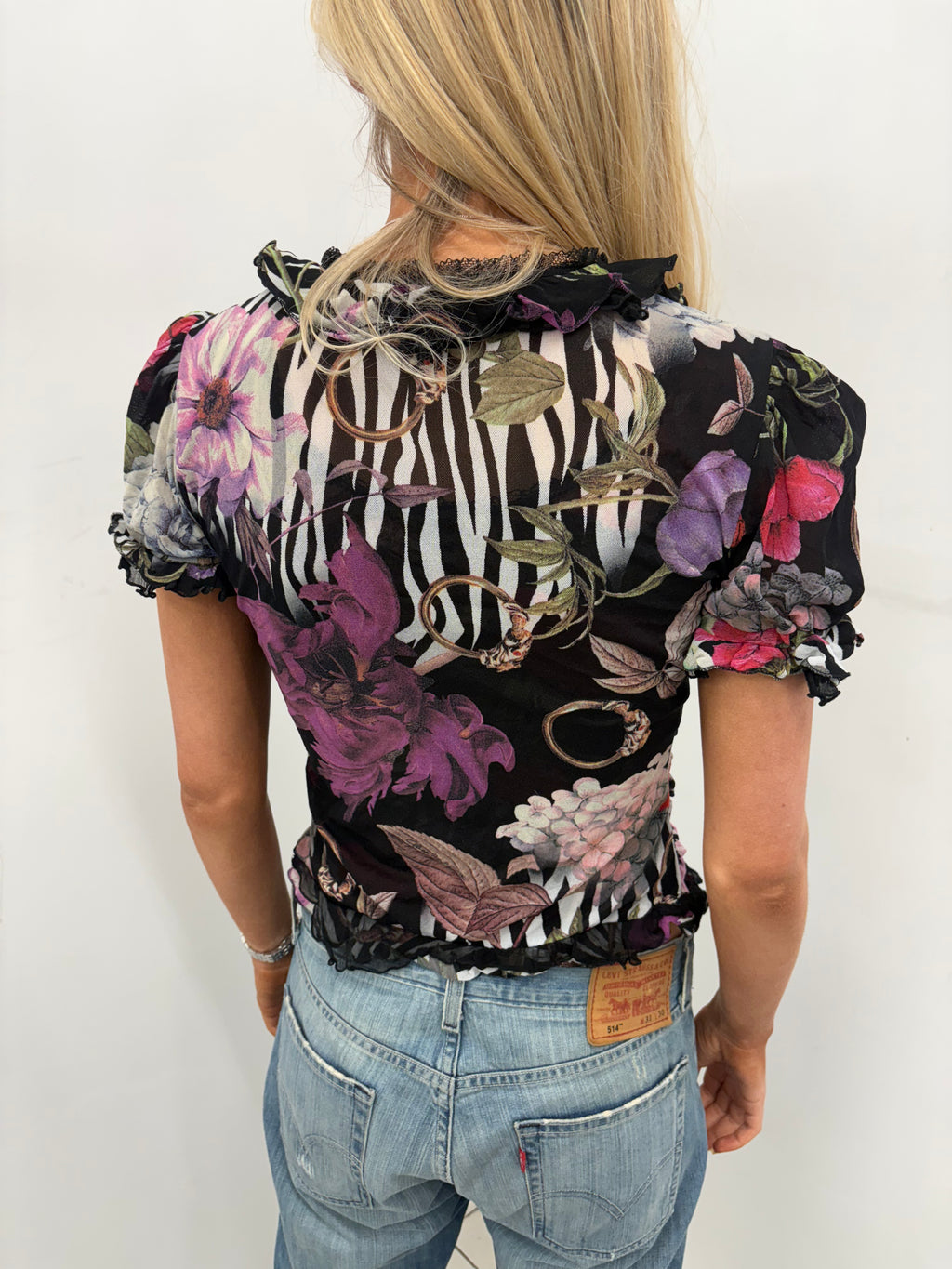 Roberto Cavalli Floral Ruffle Sheer Top