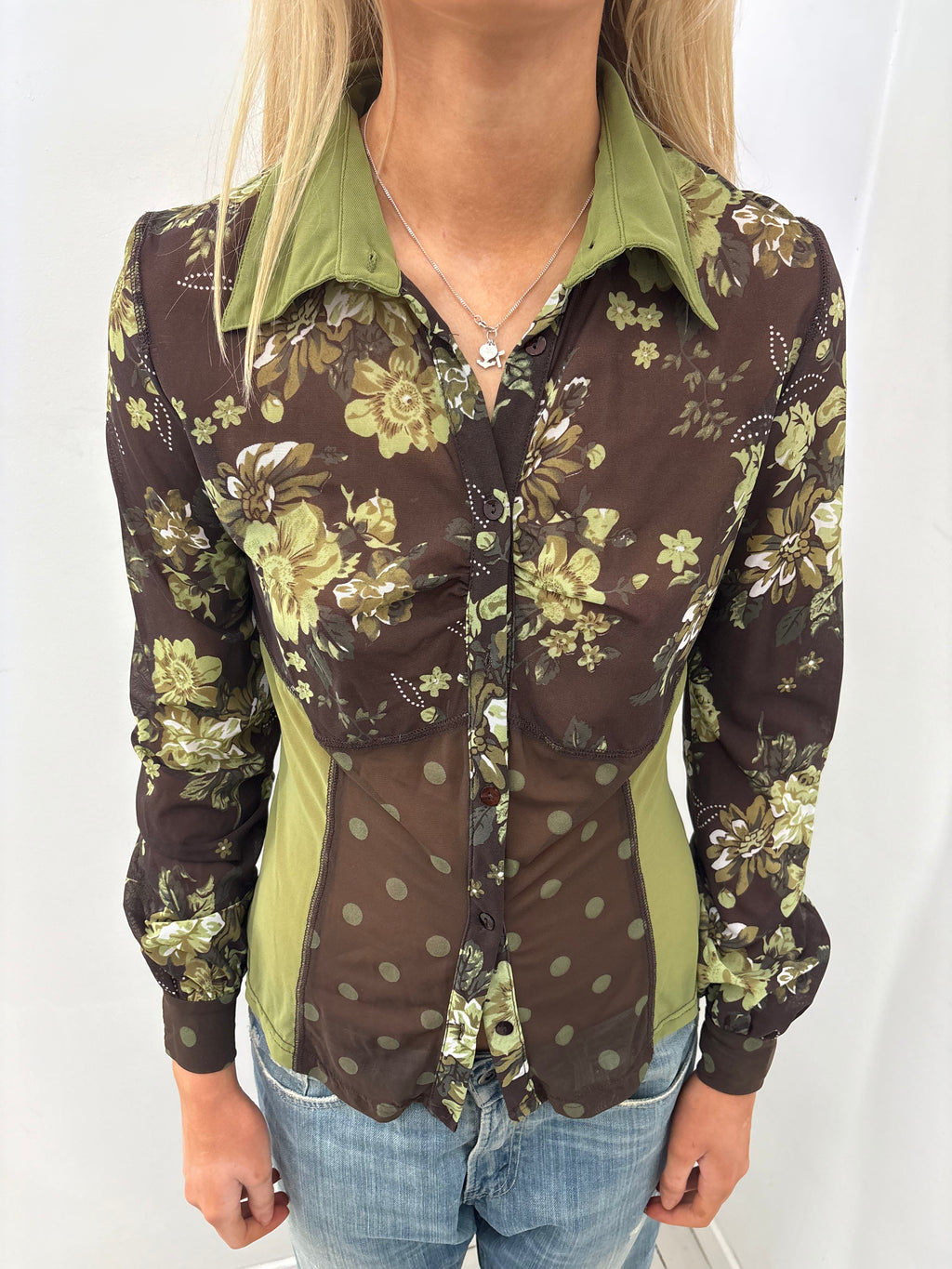 Sheer Floral Panel Button-Up Blouse