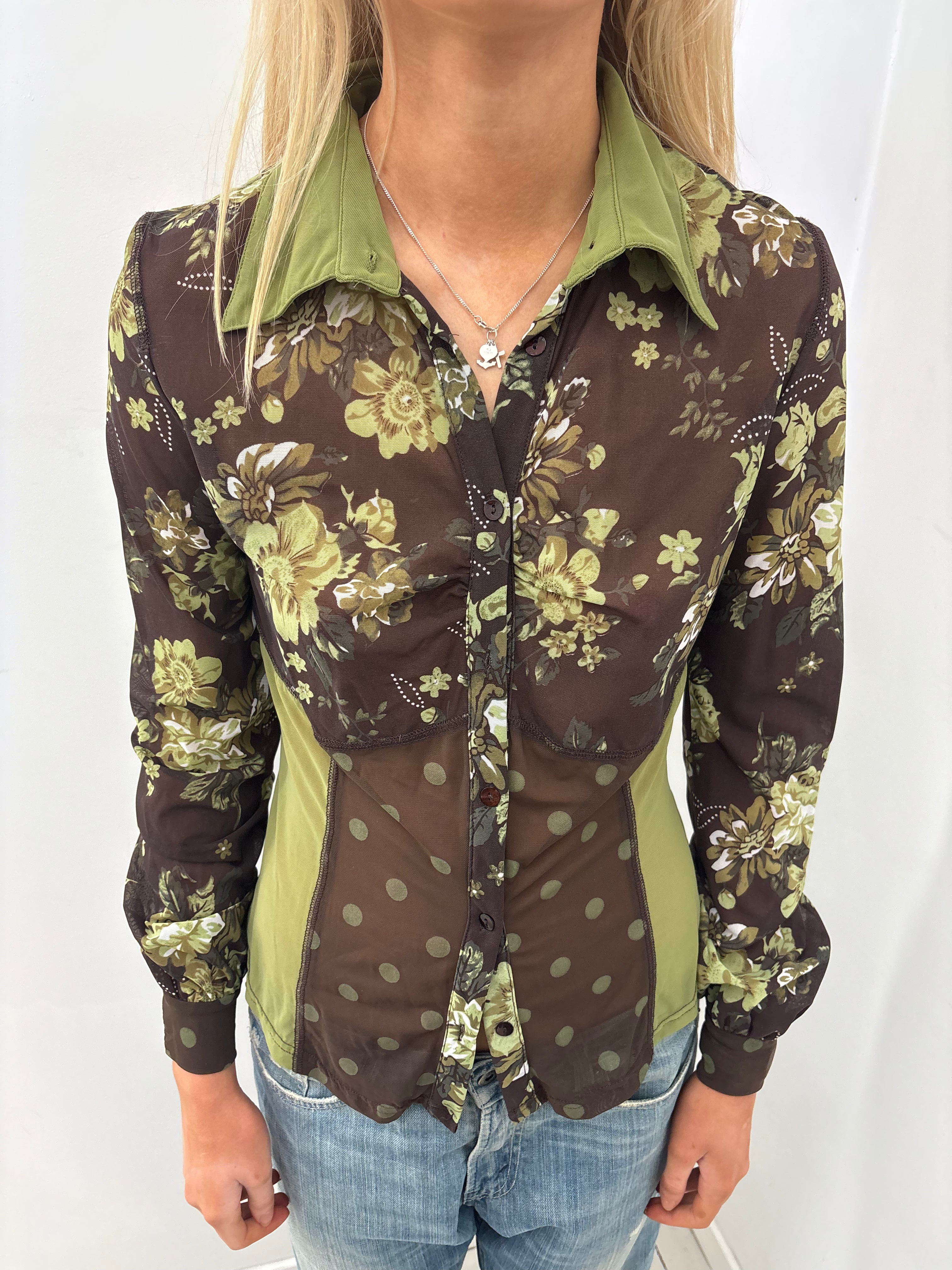 Sheer Floral Panel Button-Up Blouse