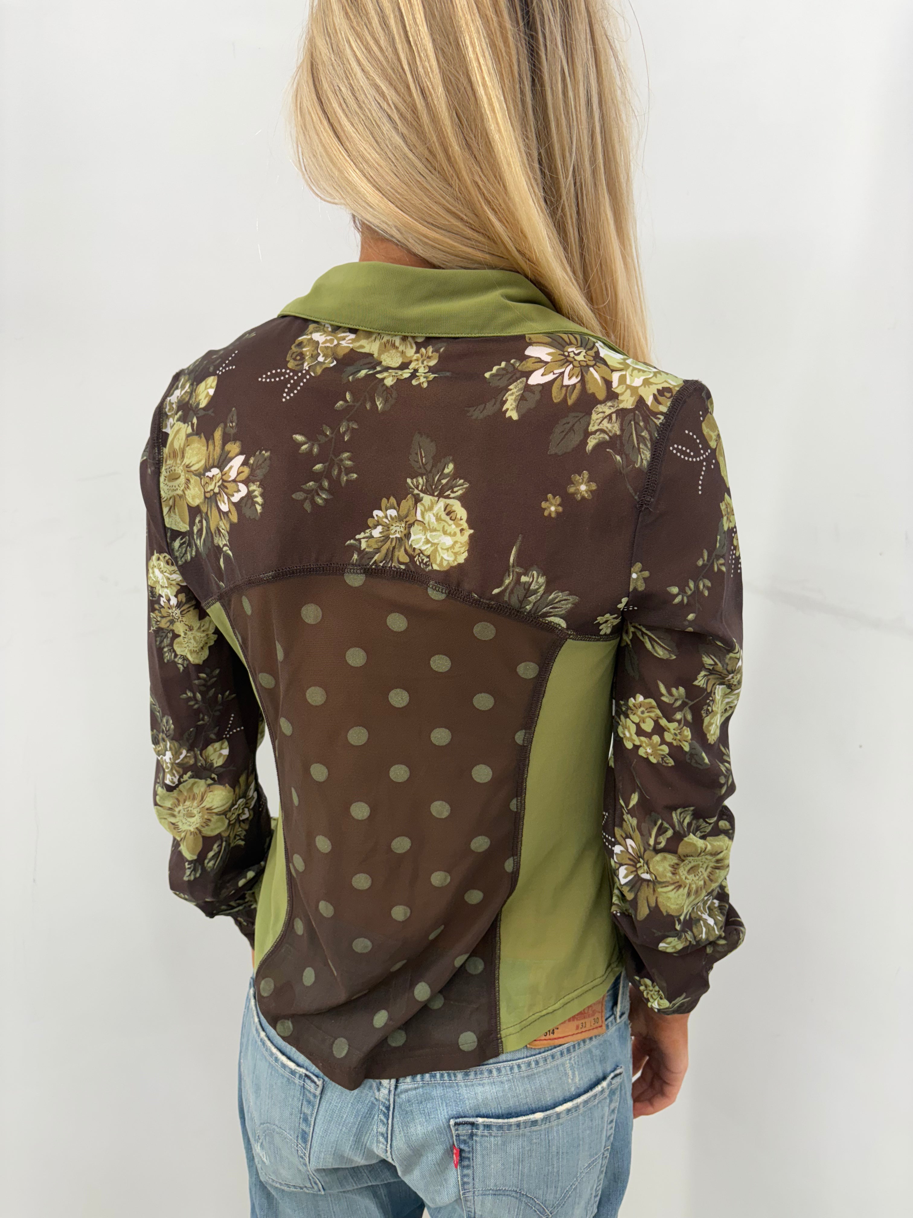 Sheer Floral Panel Button-Up Blouse