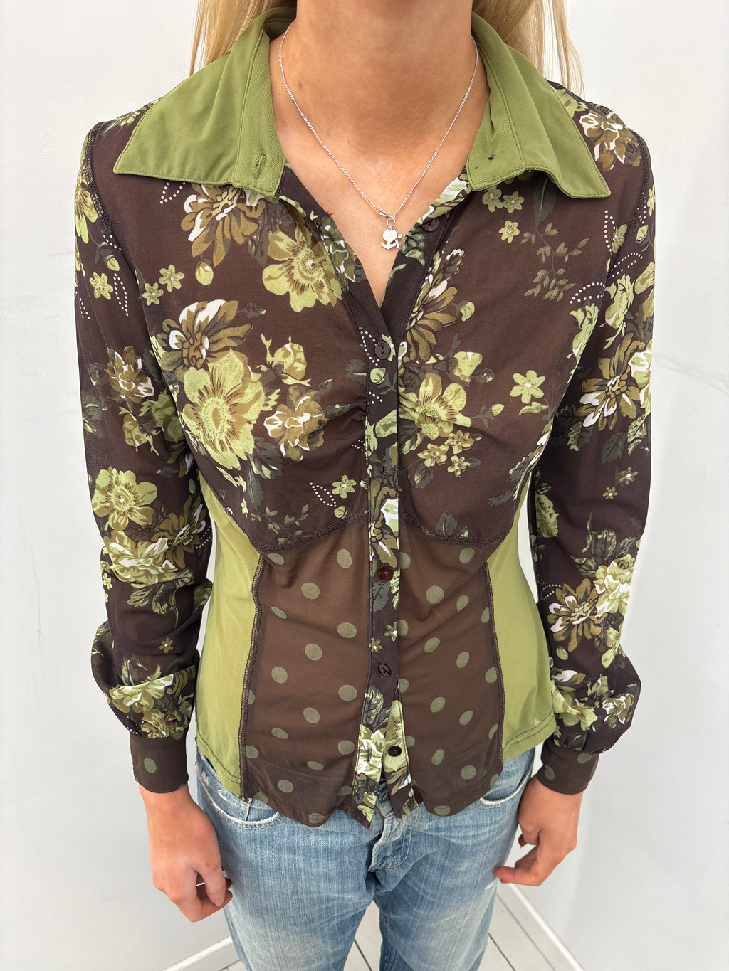 Sheer Floral Panel Button-Up Blouse