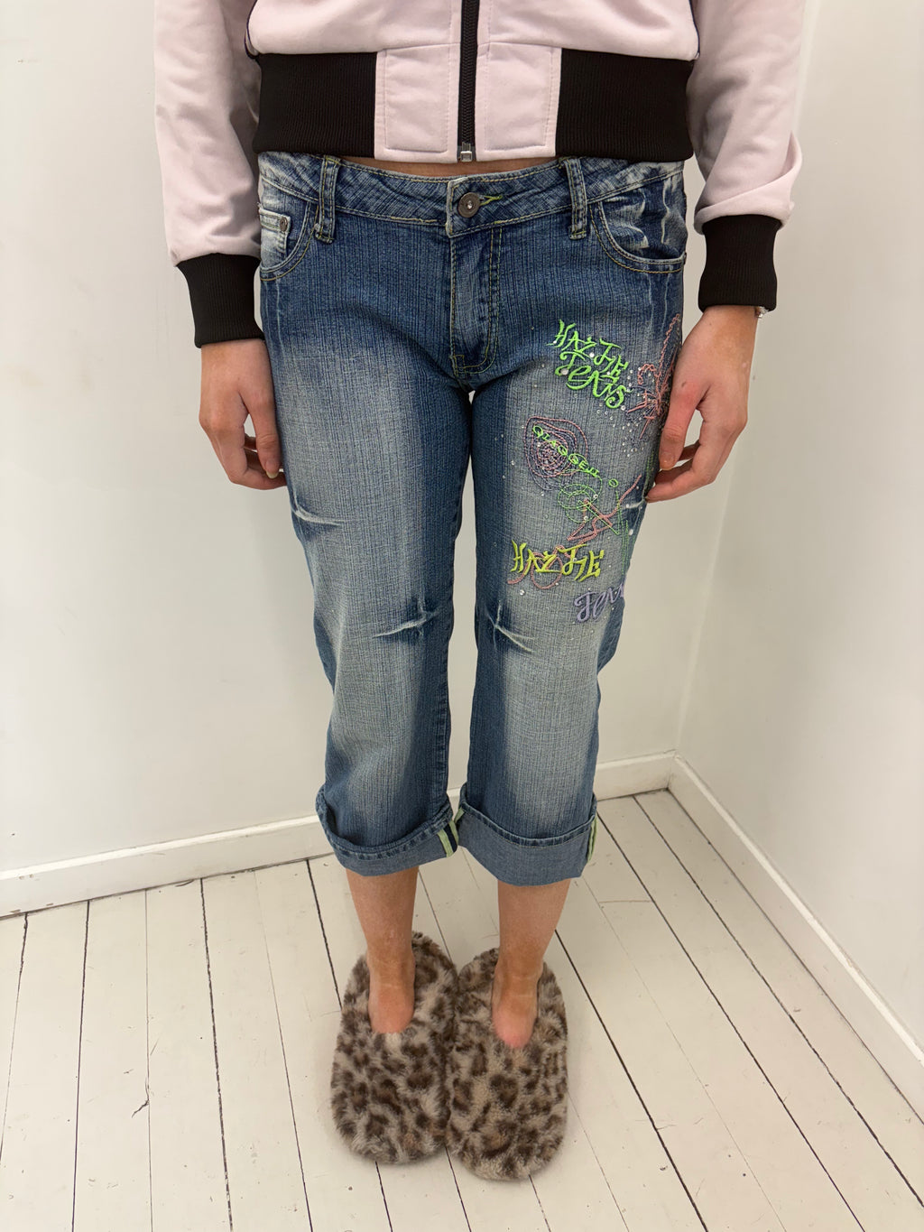 Mid Wash Denim Capri Neon Graffiti Embroidery Rhinestones