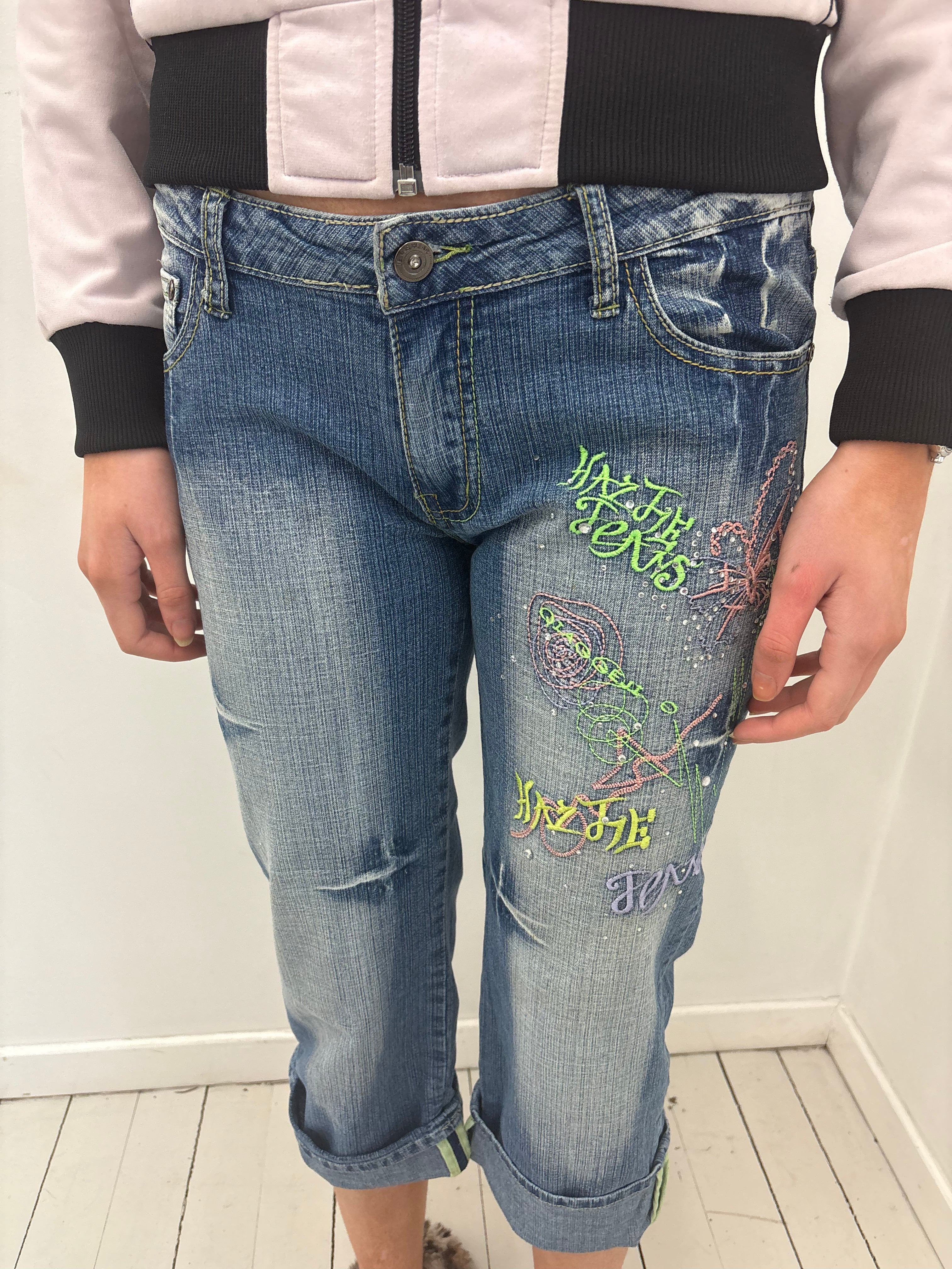 Mid Wash Denim Capri Neon Graffiti Embroidery Rhinestones
