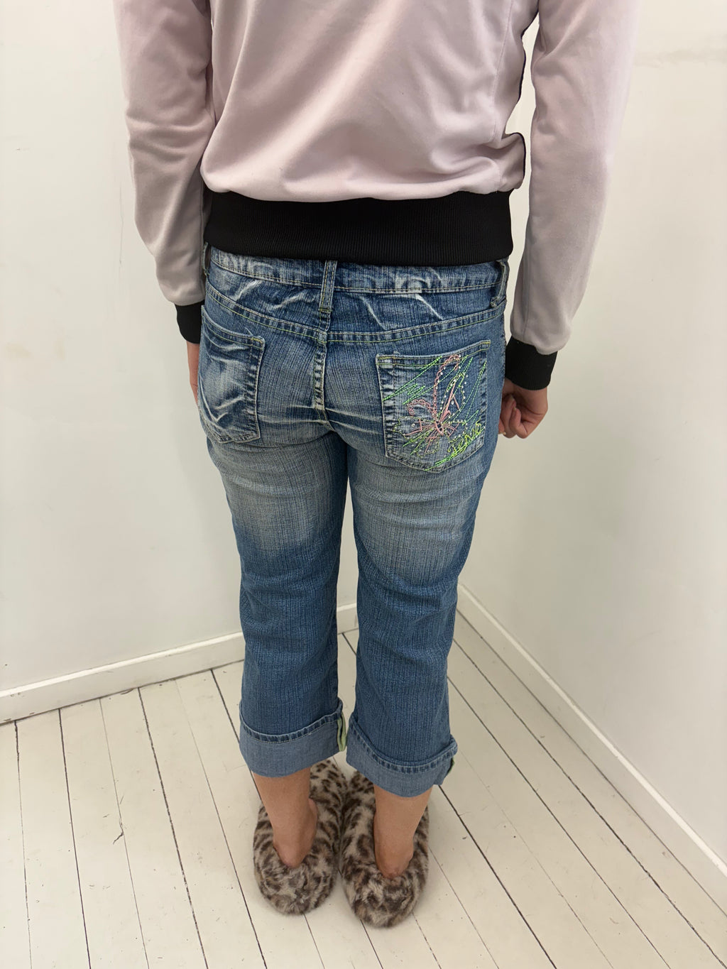 Mid Wash Denim Capri Neon Graffiti Embroidery Rhinestones