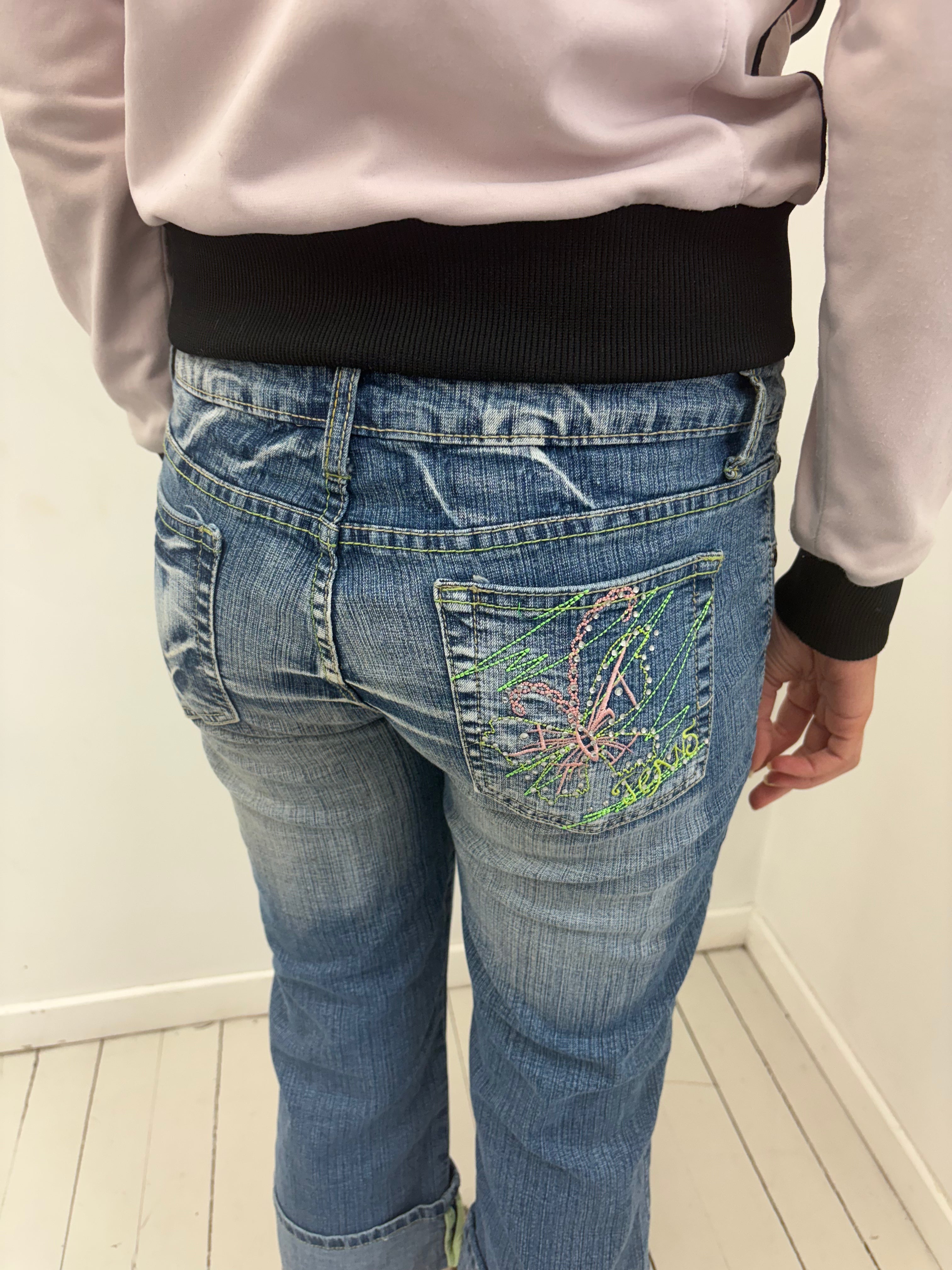 Mid Wash Denim Capri Neon Graffiti Embroidery Rhinestones