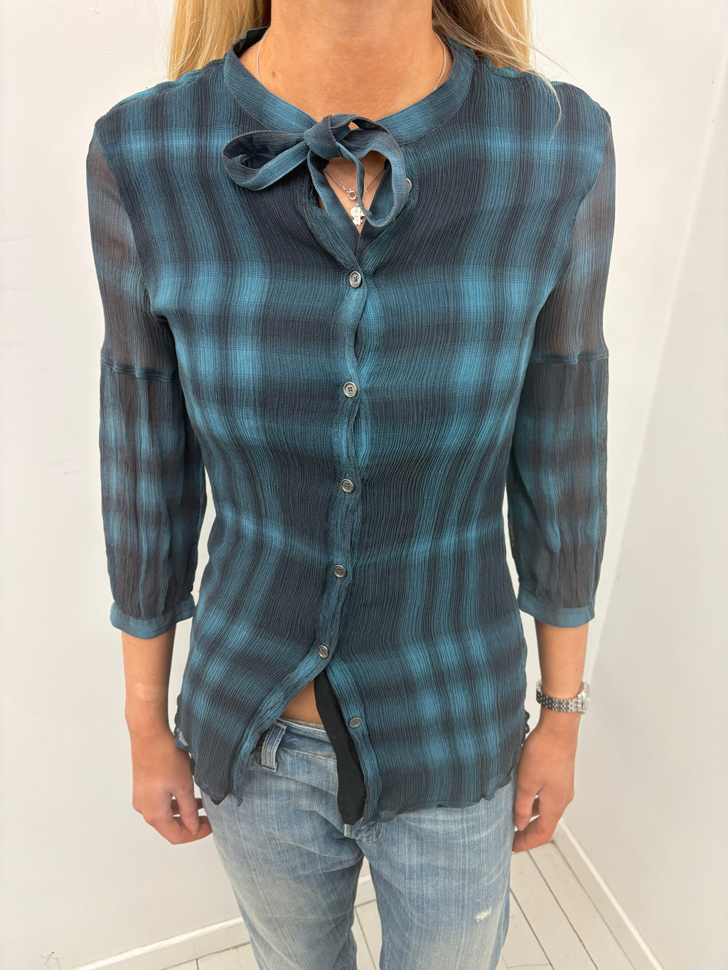Burberry Sheer Check Tie-Neck Blouse