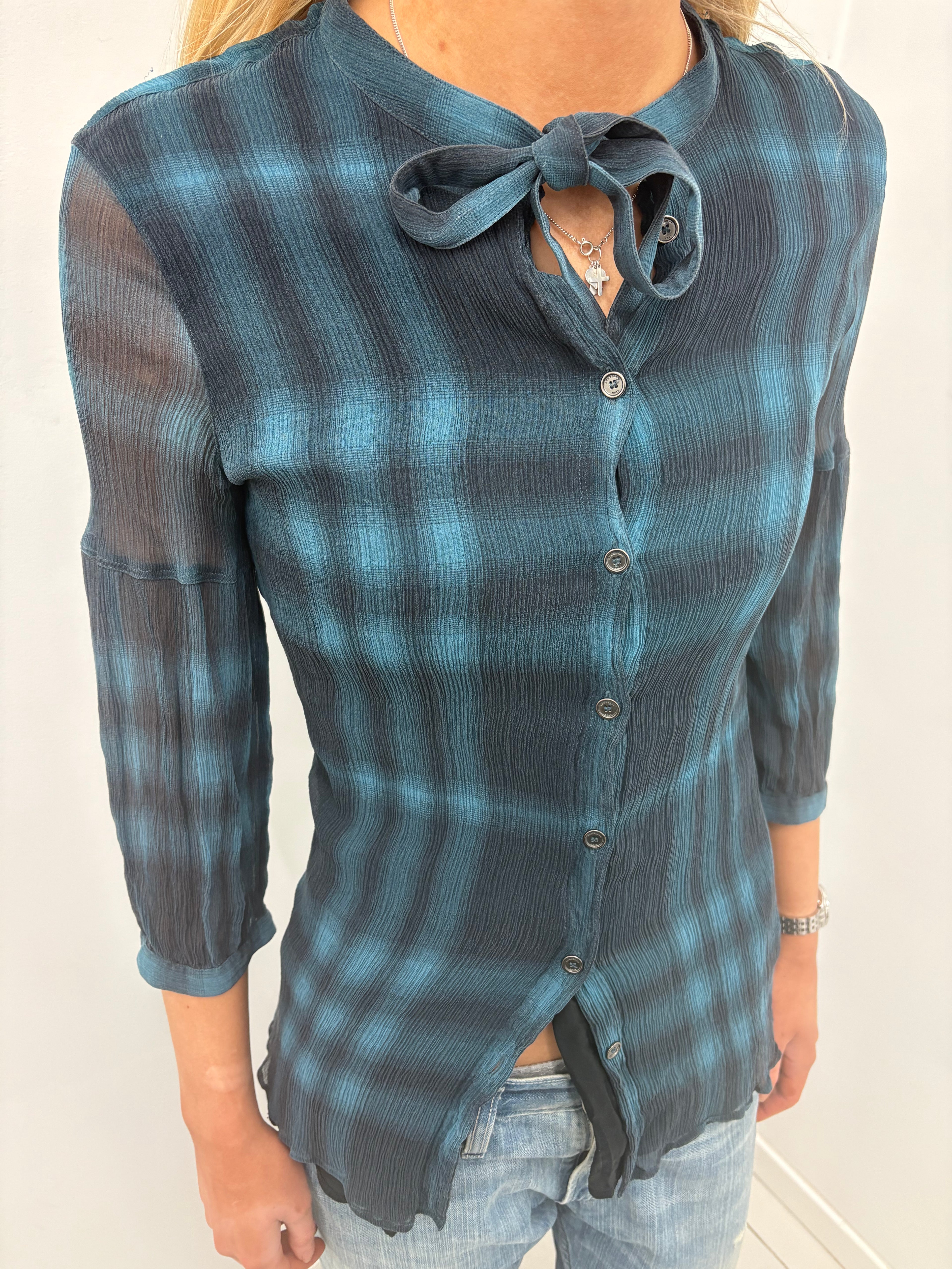 Burberry Sheer Check Tie-Neck Blouse