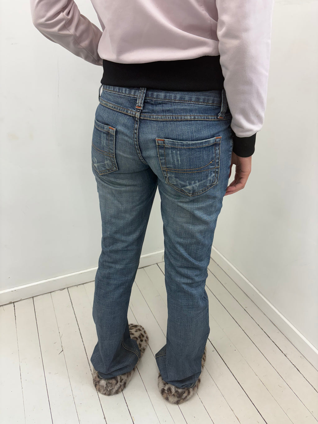 Mid Wash Low-Rise Straight Leg Jeans Orange Stitch
