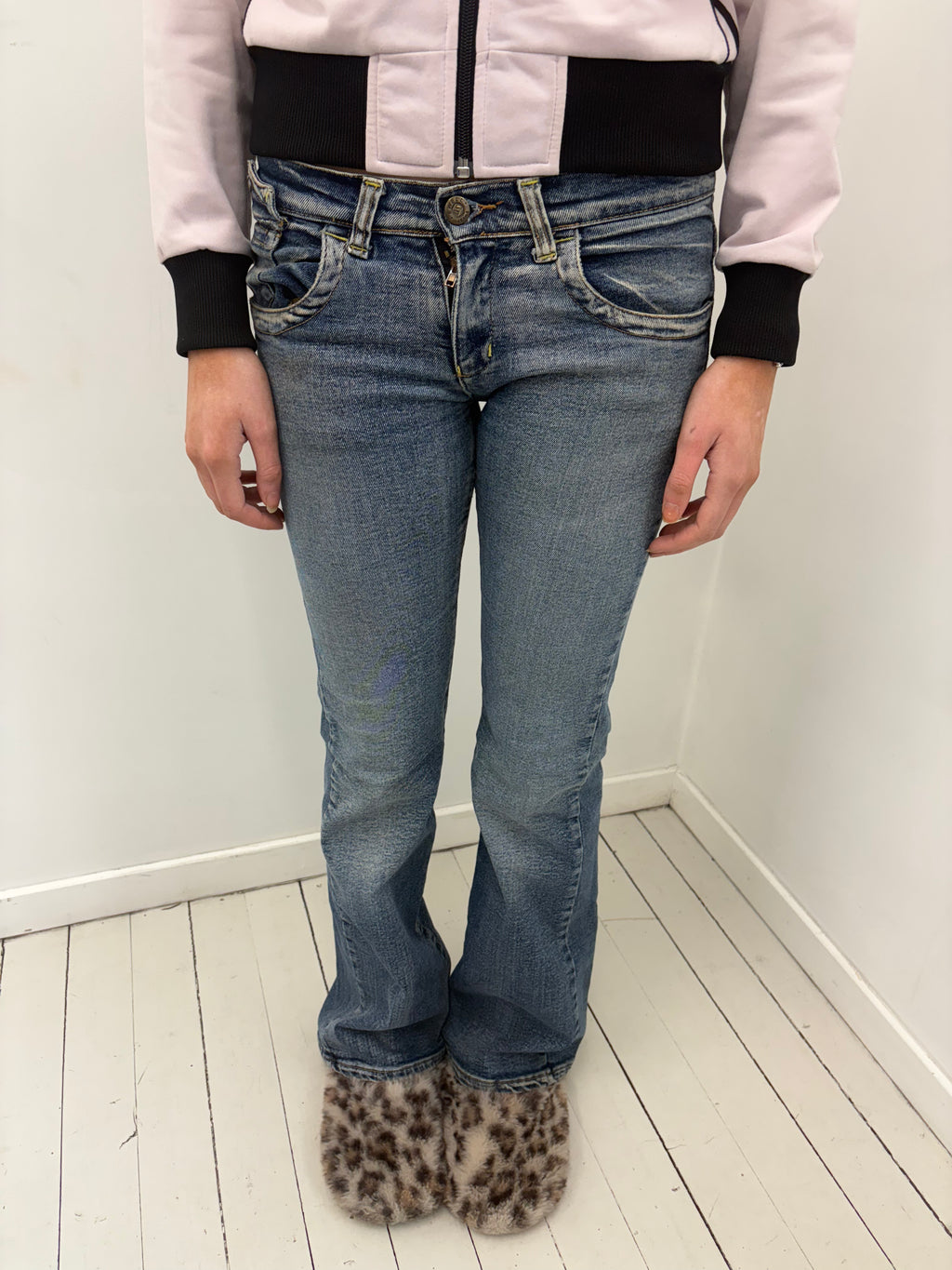 Mid Wash Low-Rise Bootcut Jeans Bronze Hardware