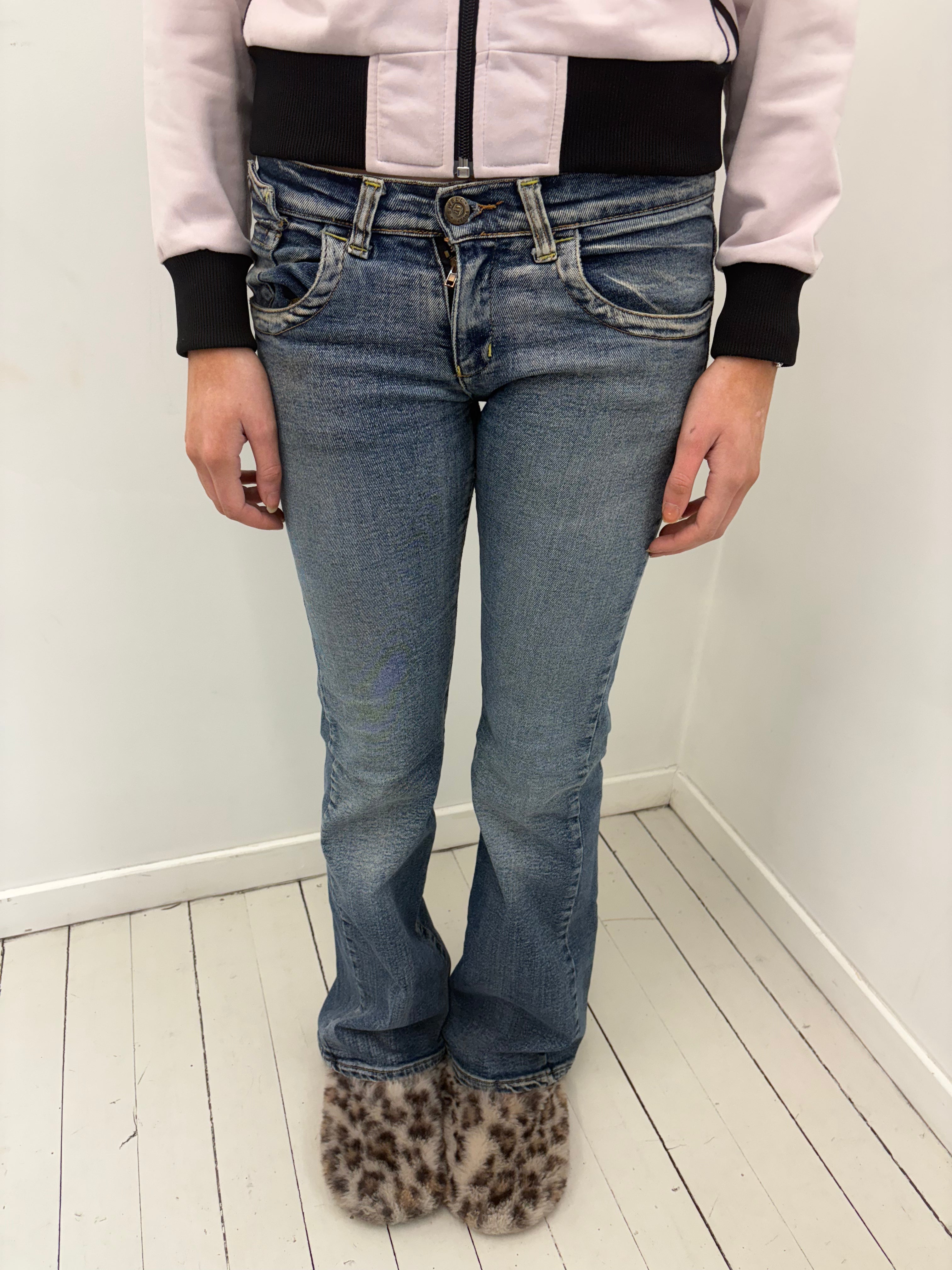 Mid Wash Low-Rise Bootcut Jeans Bronze Hardware