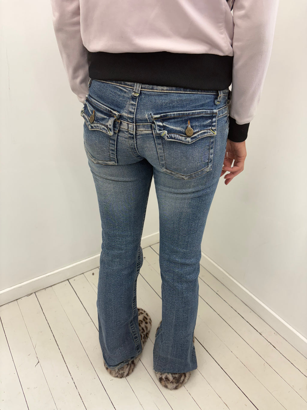 Mid Wash Low-Rise Bootcut Jeans Bronze Hardware