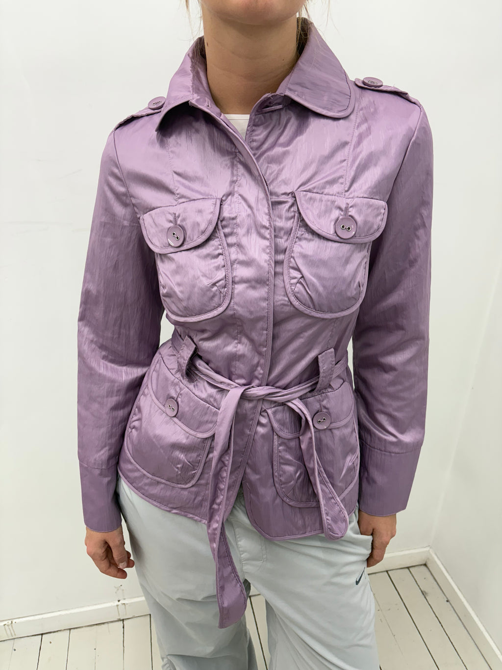 Y2K Lilac Satin Utility Belted Jacket