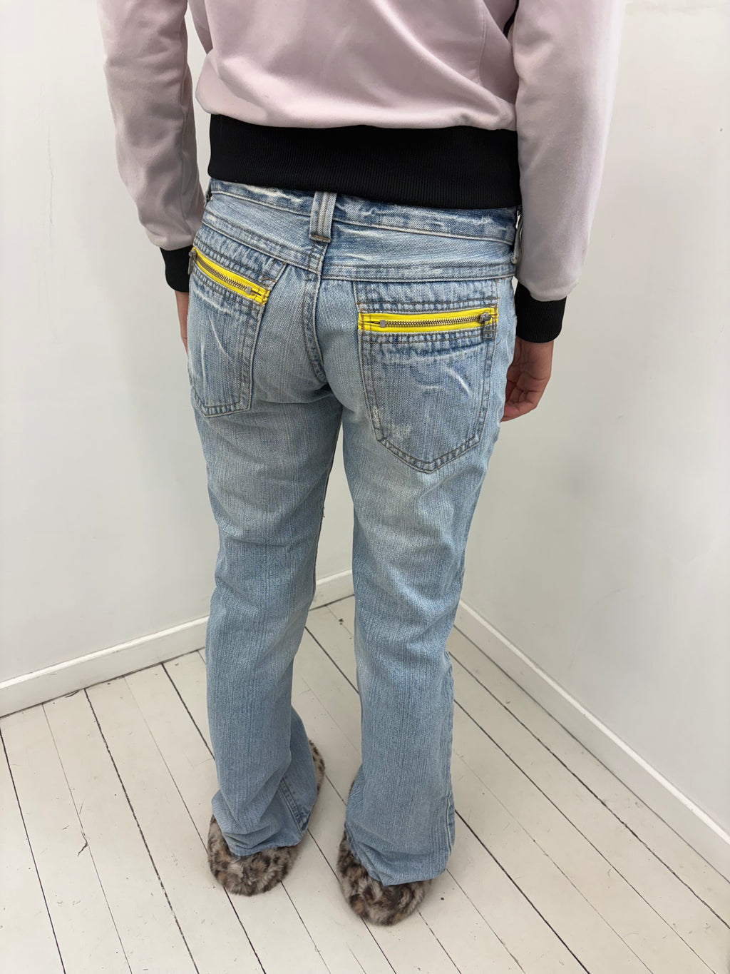 Diesel Light Wash Low-Rise Jeans Yellow Zip Pockets