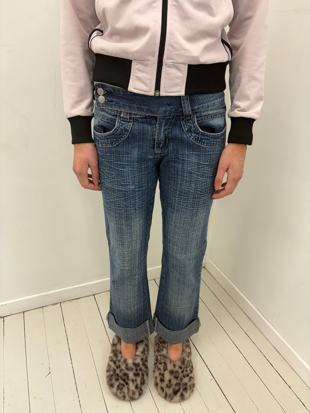 Mid Wash Cropped Boyfriend Jeans Silver Button Detail