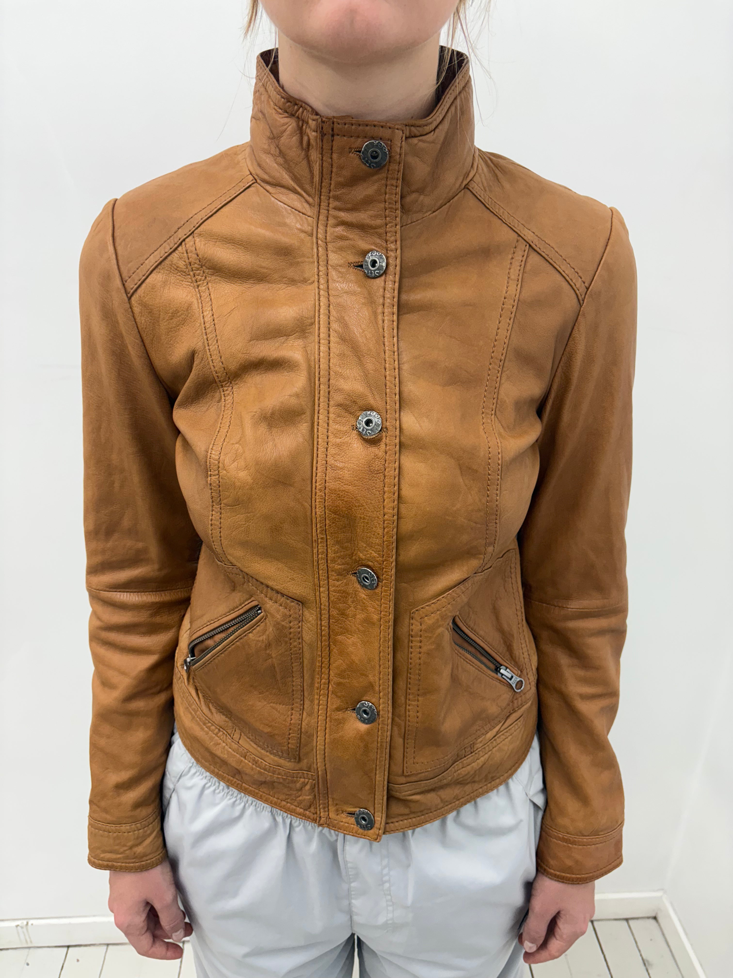 Y2K Tan Leather Fitted Zip Pocket Jacket