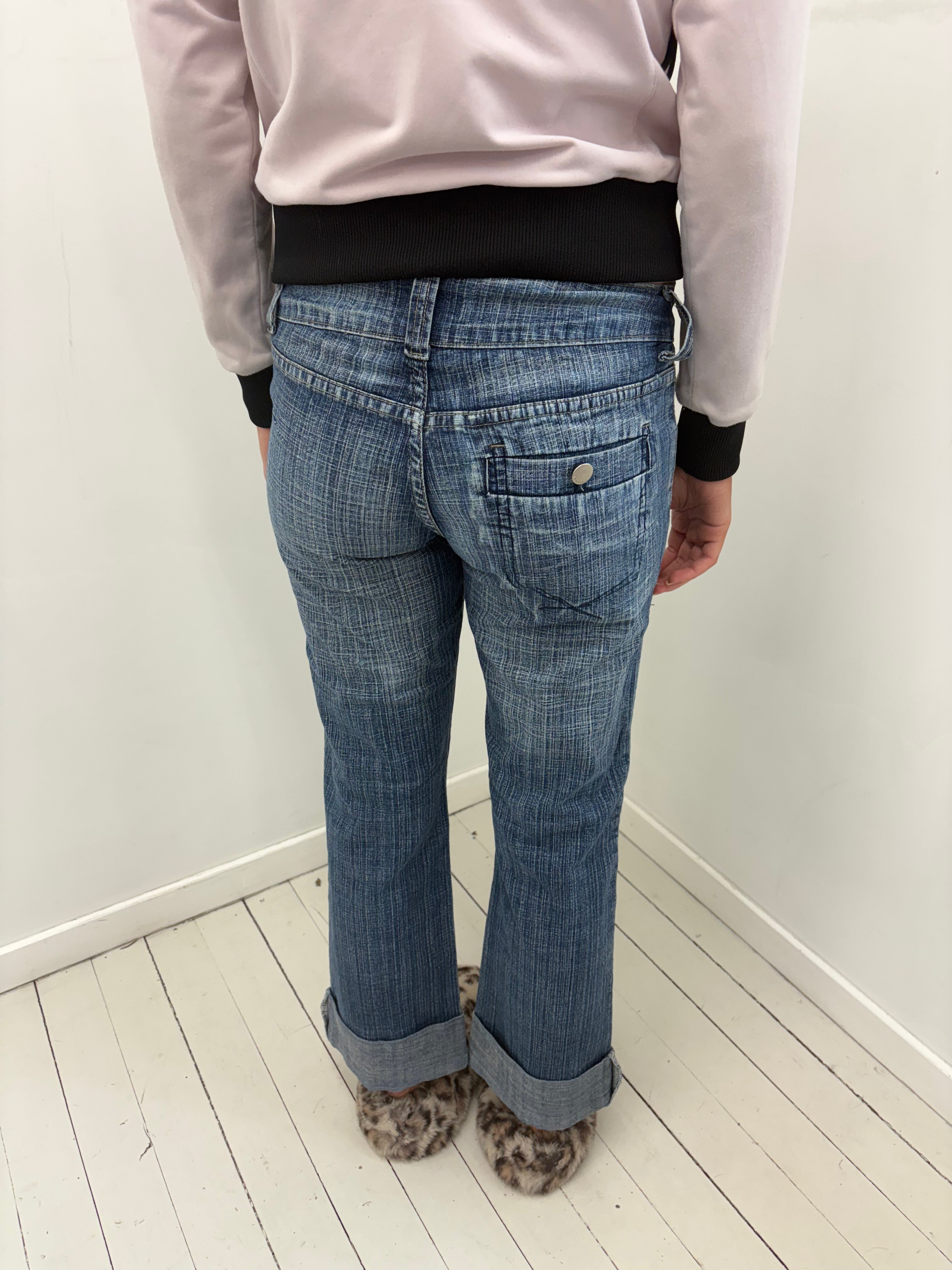 Mid Wash Cropped Boyfriend Jeans Silver Button Detail