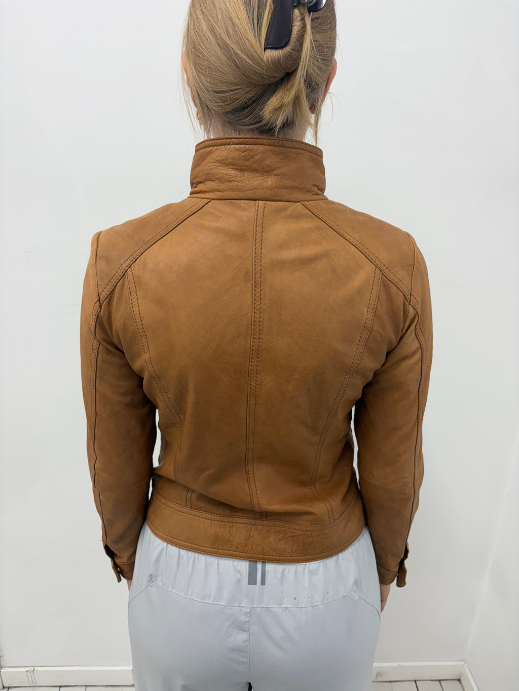 Y2K Tan Leather Fitted Zip Pocket Jacket