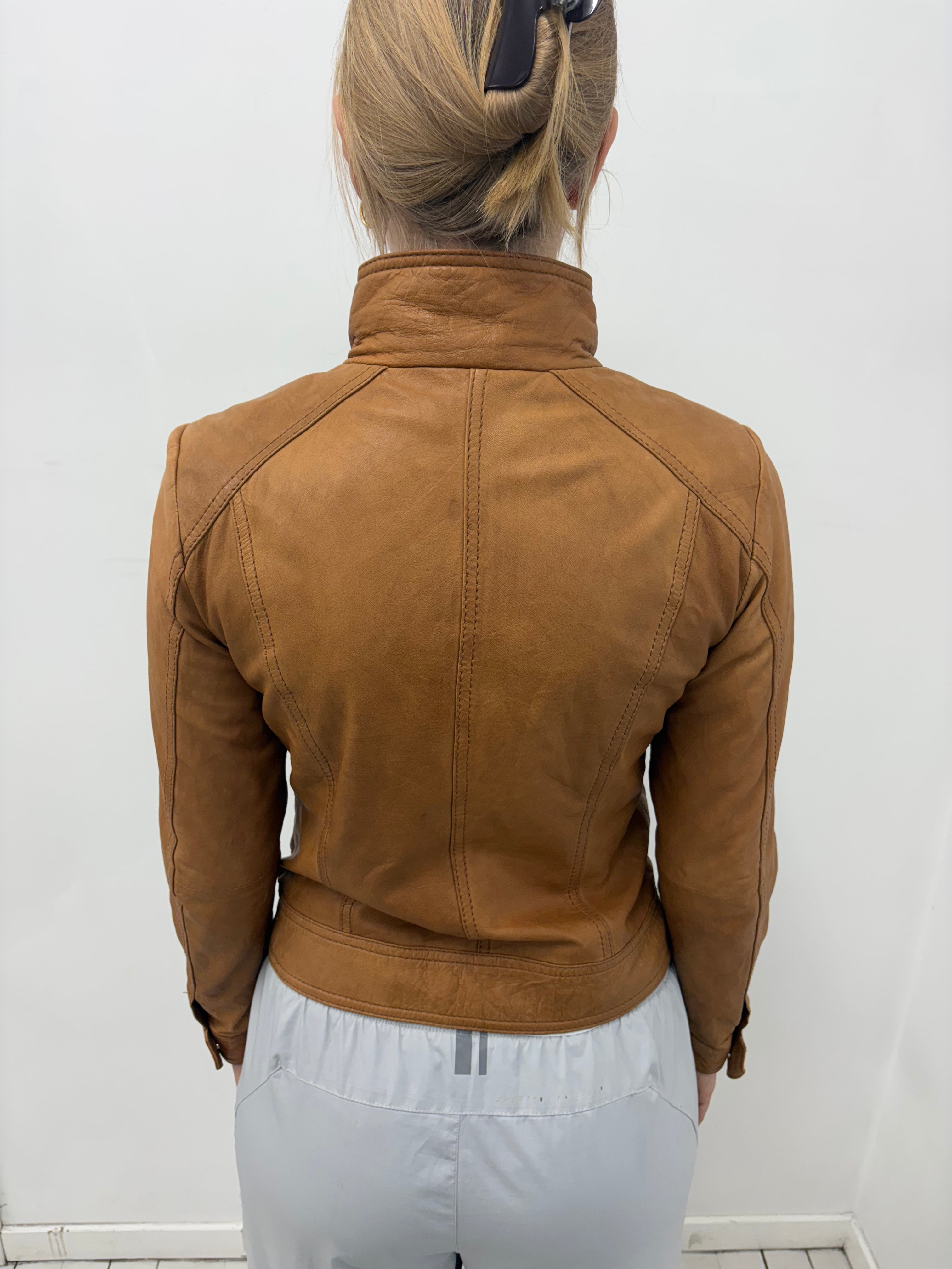 Y2K Tan Leather Fitted Zip Pocket Jacket