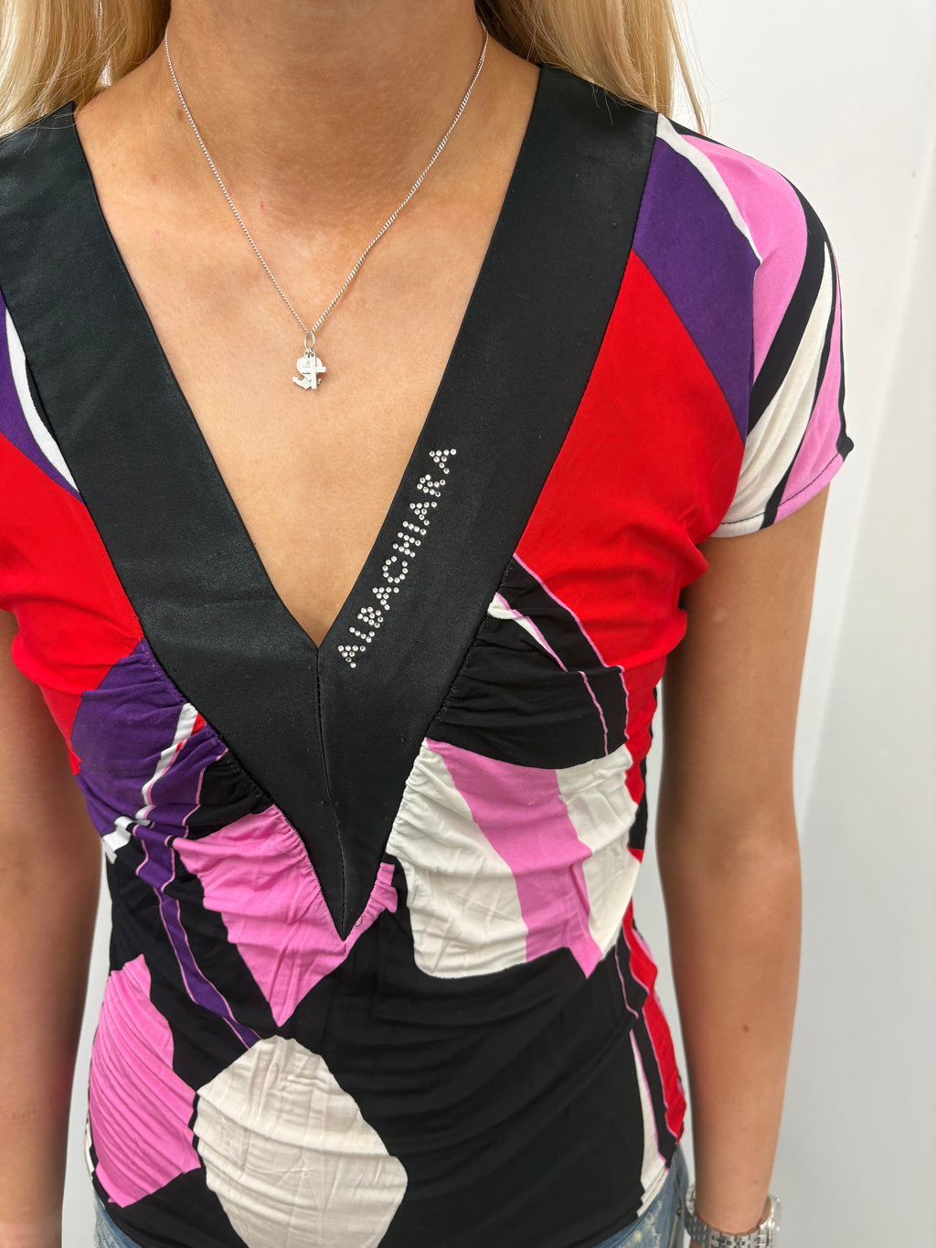 Y2K Abstract Print Deep V-Neck Top