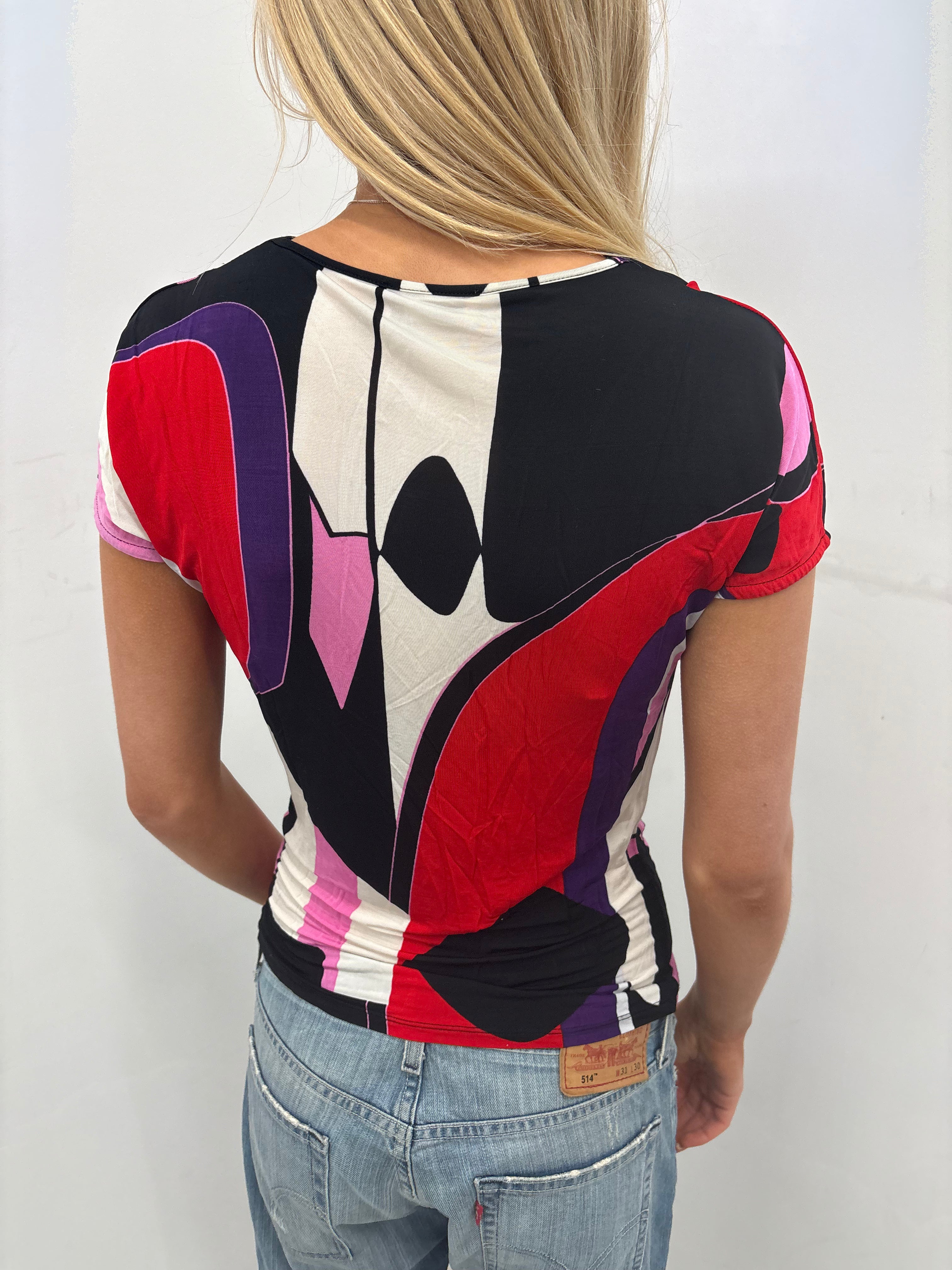 Y2K Abstract Print Deep V-Neck Top