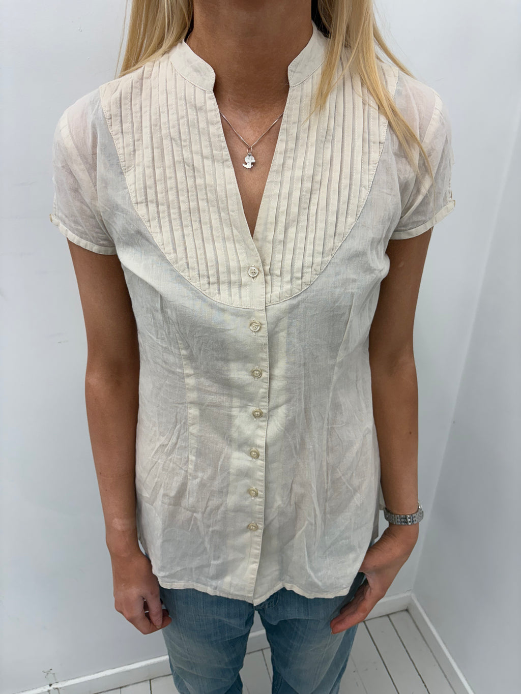 Vintage-Inspired Pleated Bib Button-Up Blouse