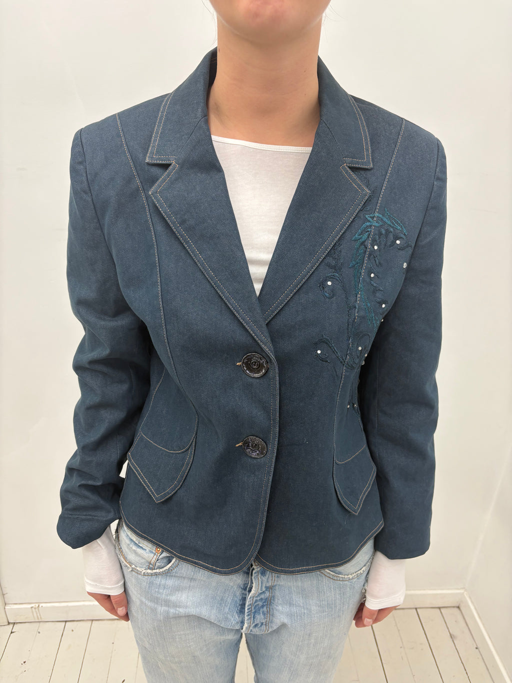 Y2K Dark Blue Embroidered Fitted Blazer