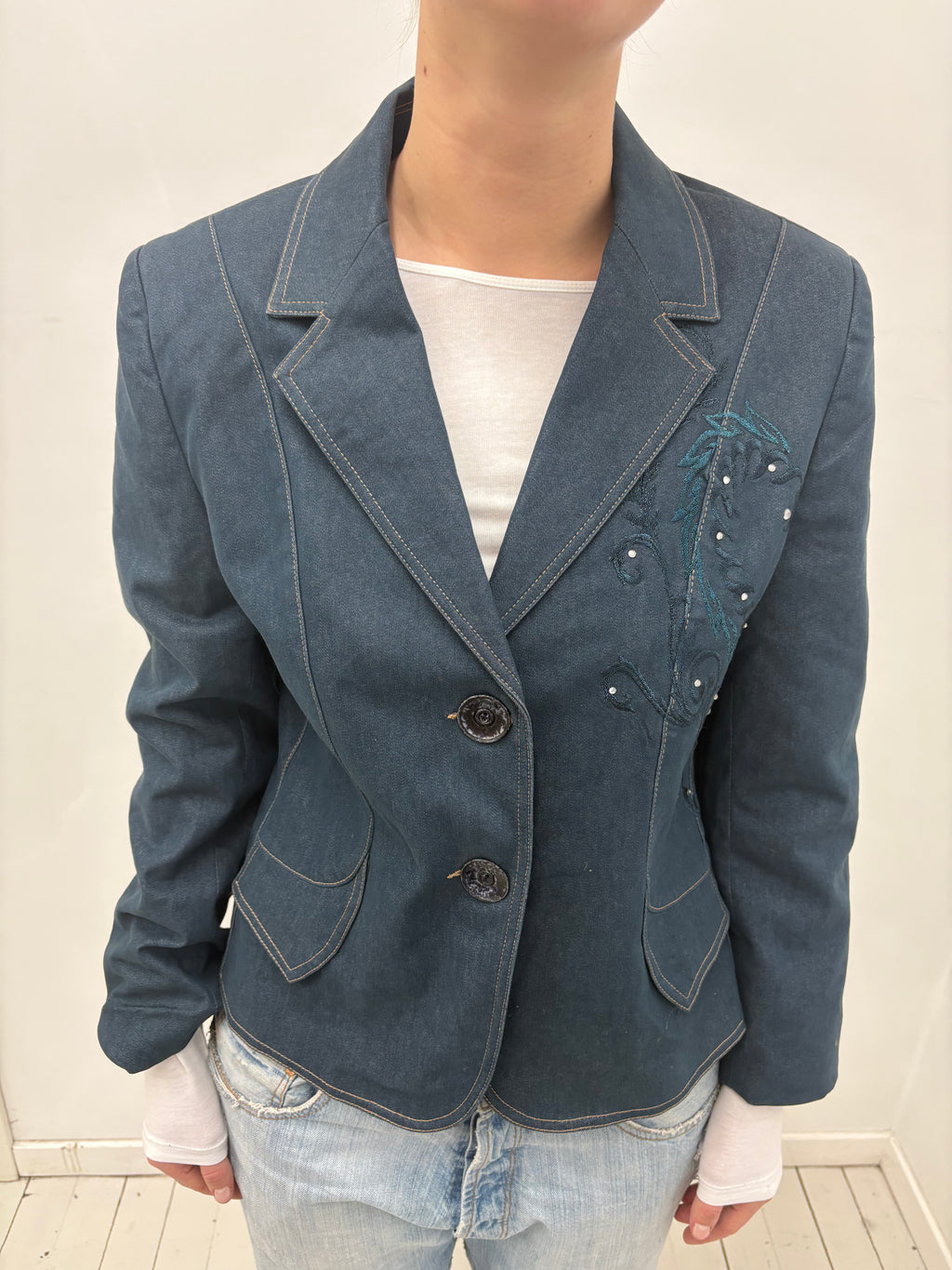 Y2K Dark Blue Embroidered Fitted Blazer