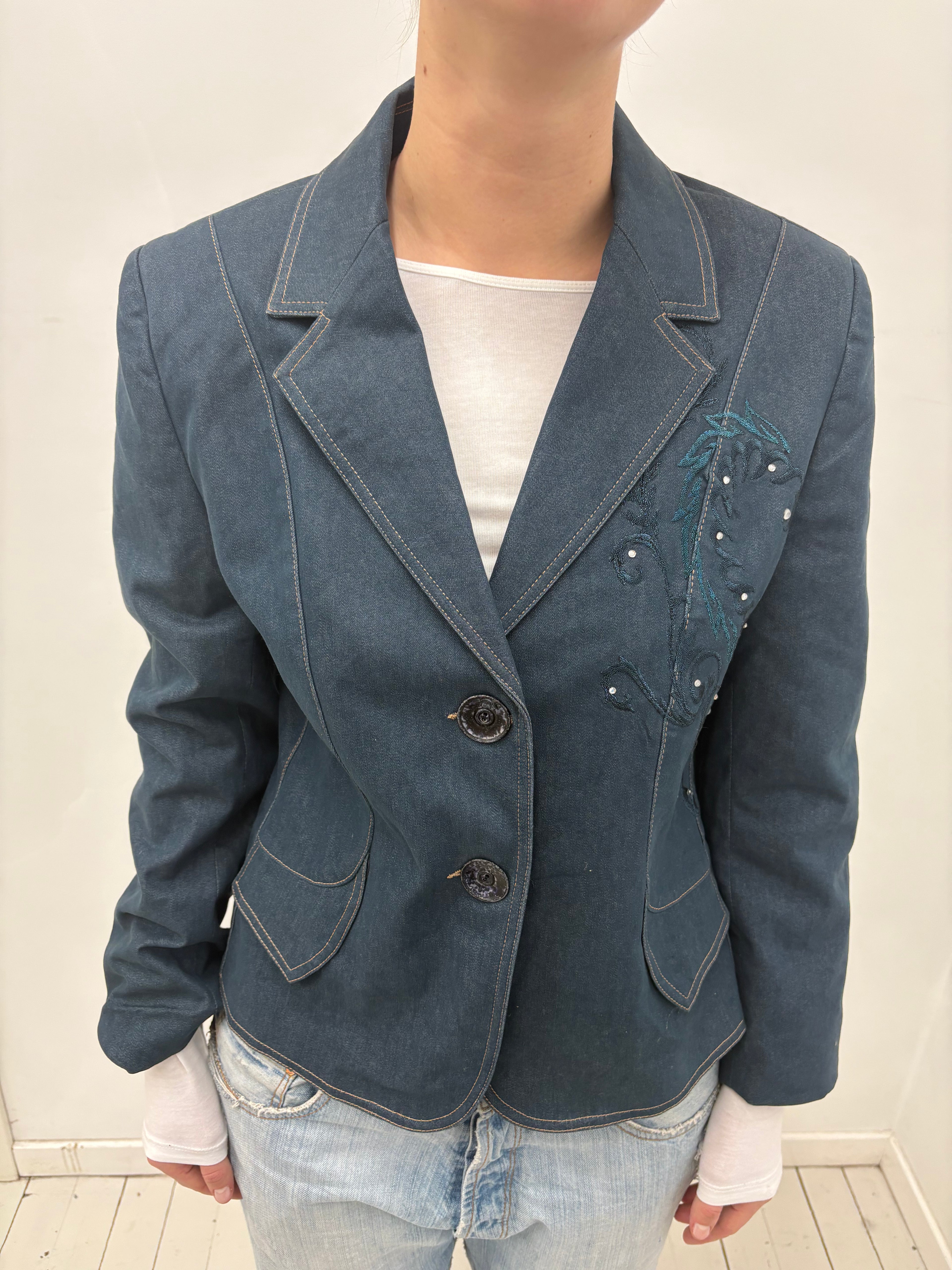 Y2K Dark Blue Embroidered Fitted Blazer