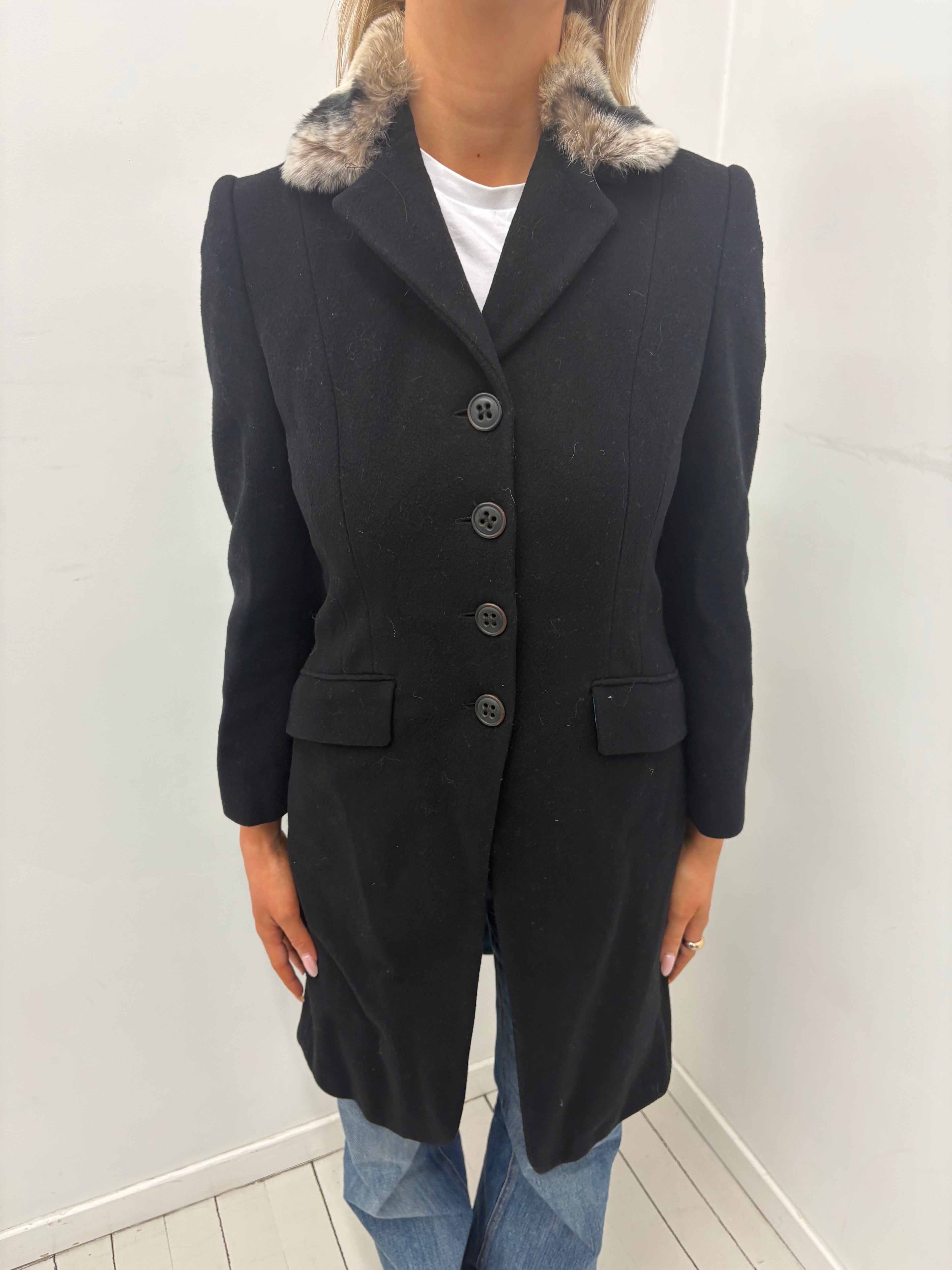 Black Faux Fur Collar Tailored Coat