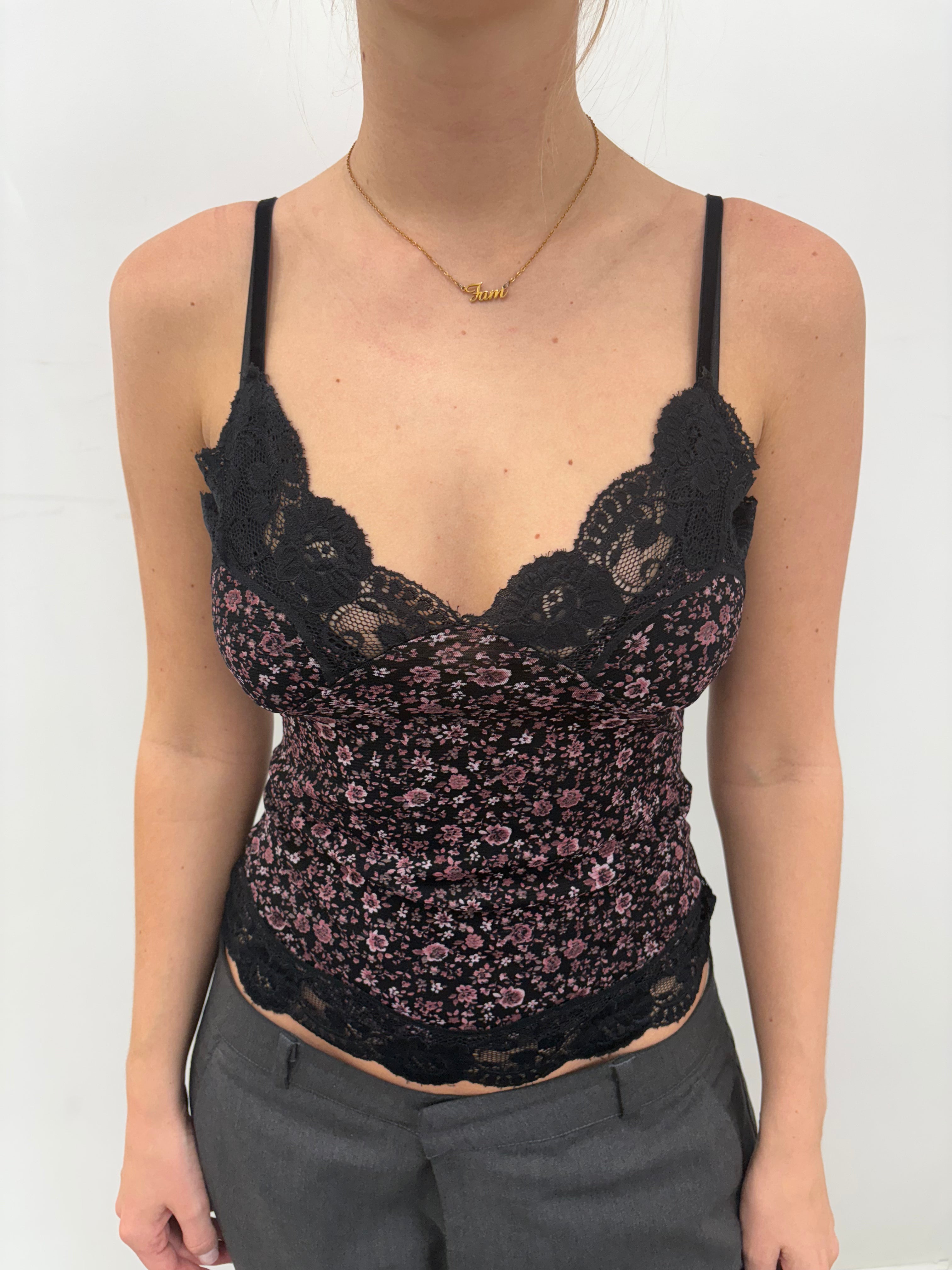 Y2K Floral Lace Trim Cami Top