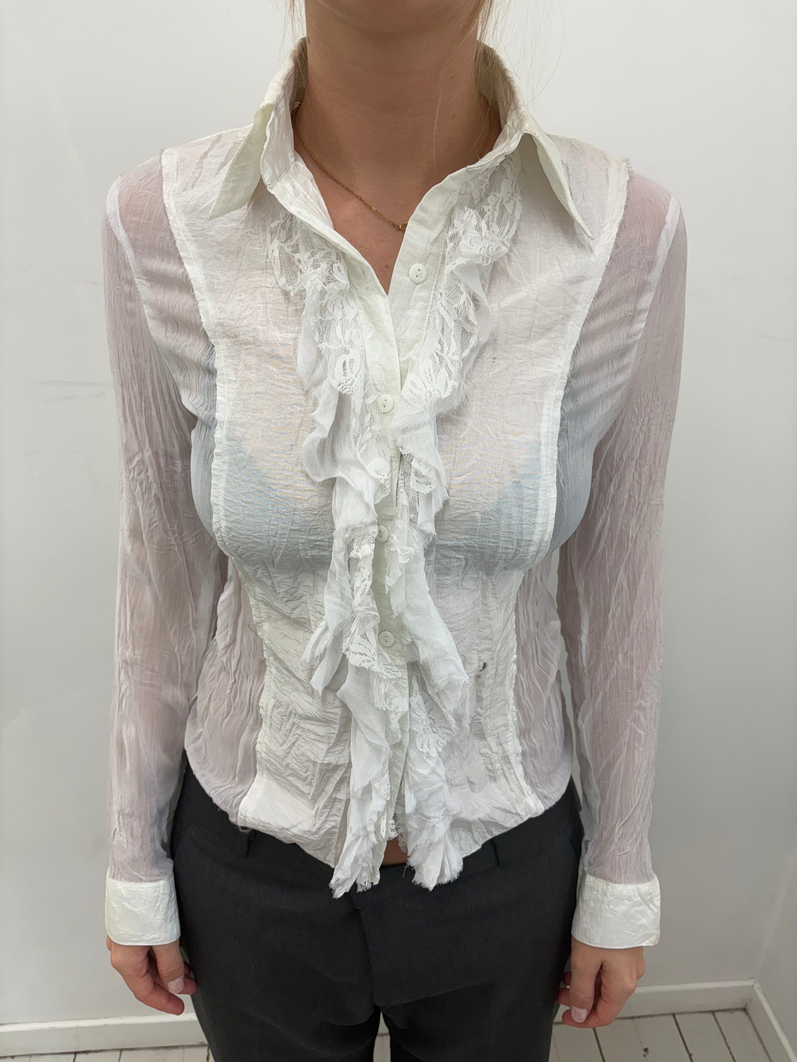Y2K Sheer White Lace Ruffle Blouse