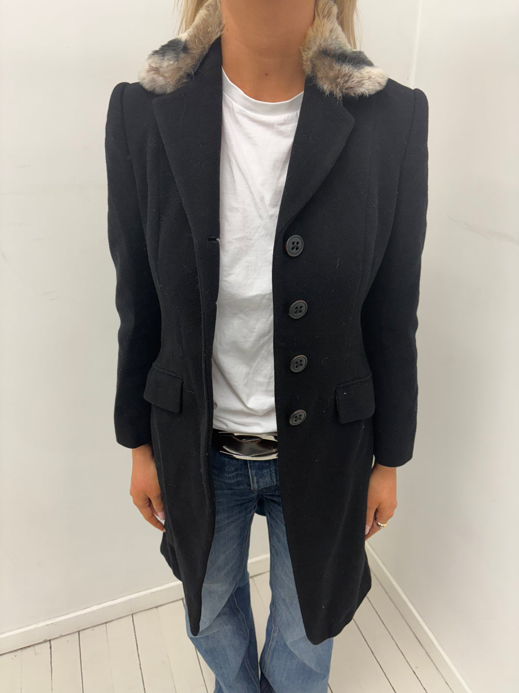 Black Faux Fur Collar Tailored Coat