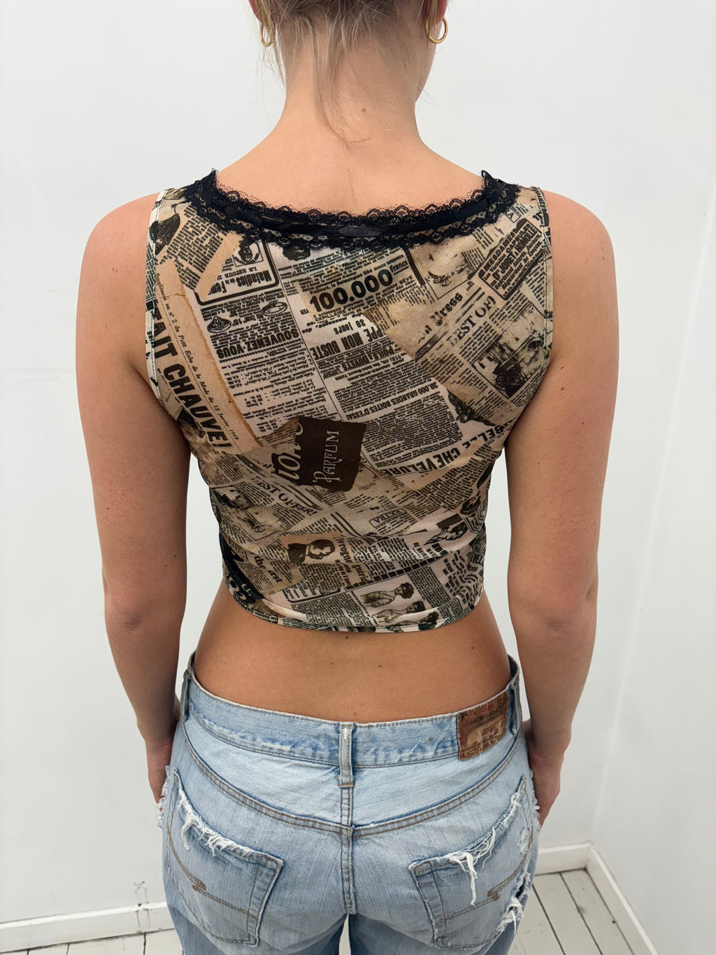 Y2K Newspaper Print Lace Trim Top