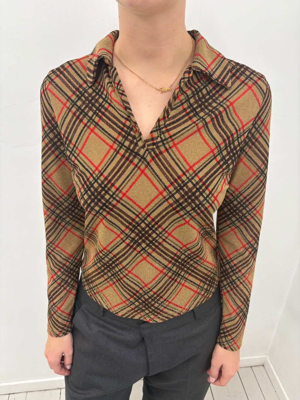 Y2K Gold Lurex Plaid Collared Top