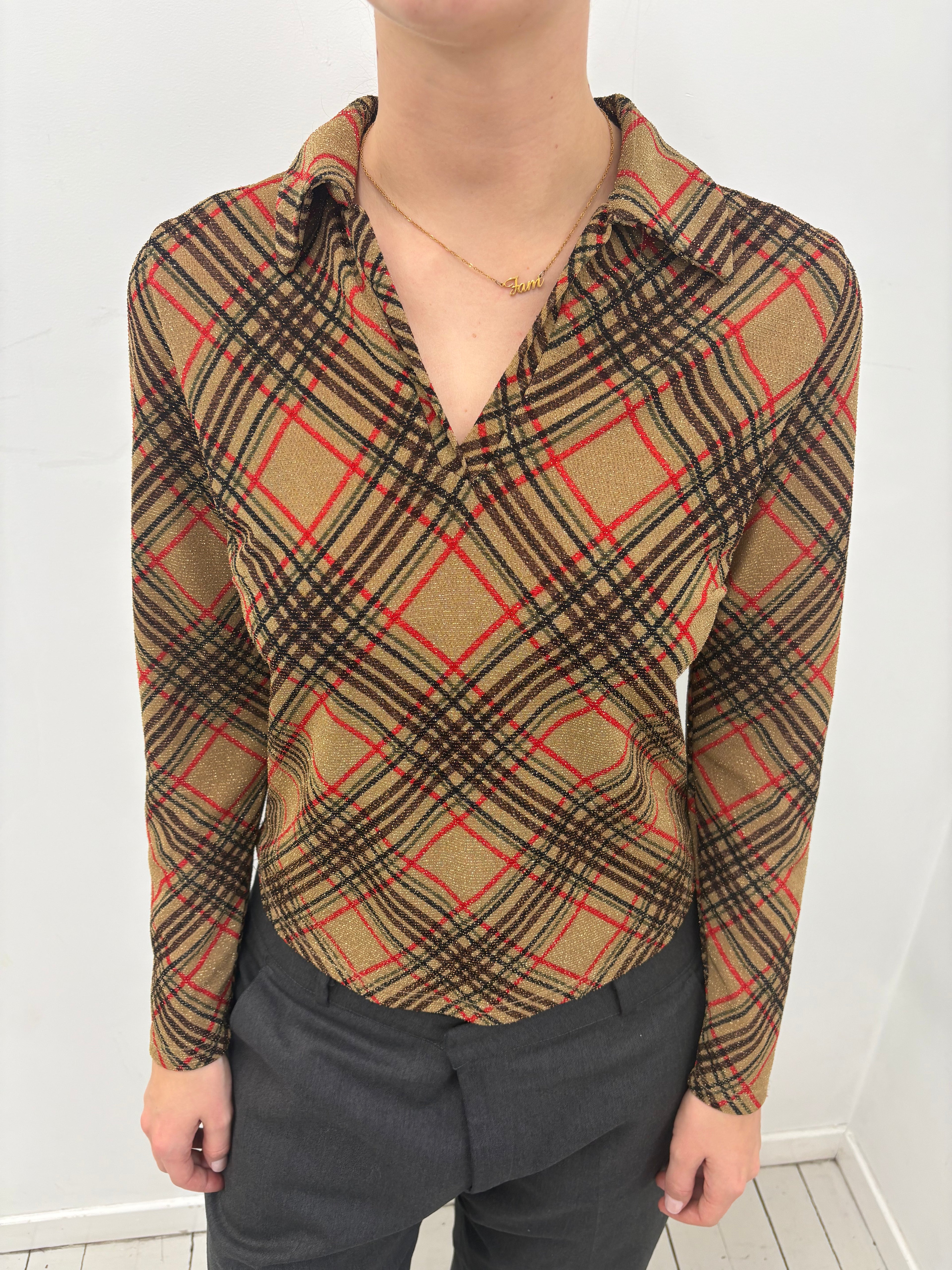 Y2K Gold Lurex Plaid Collared Top