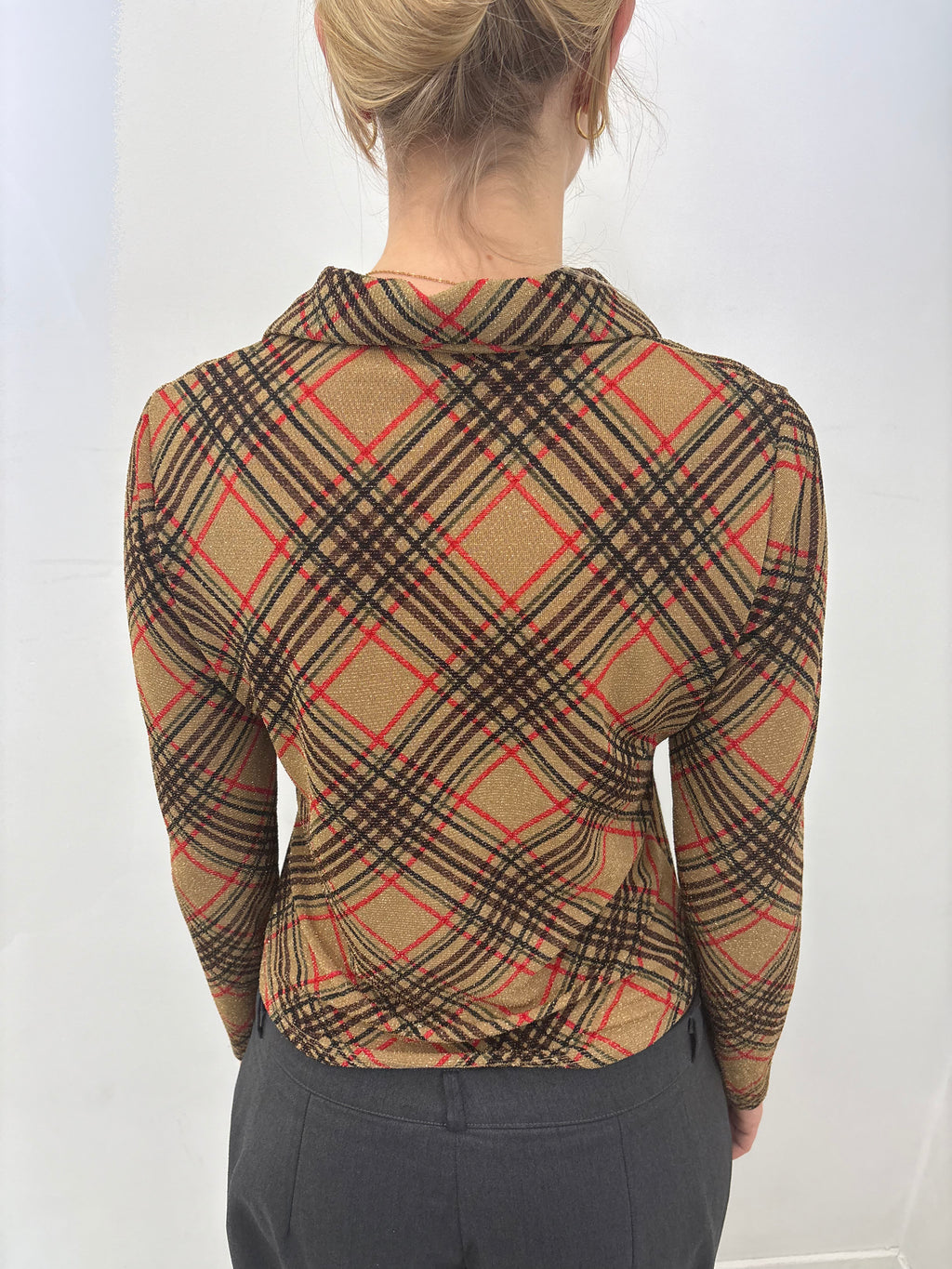 Y2K Gold Lurex Plaid Collared Top