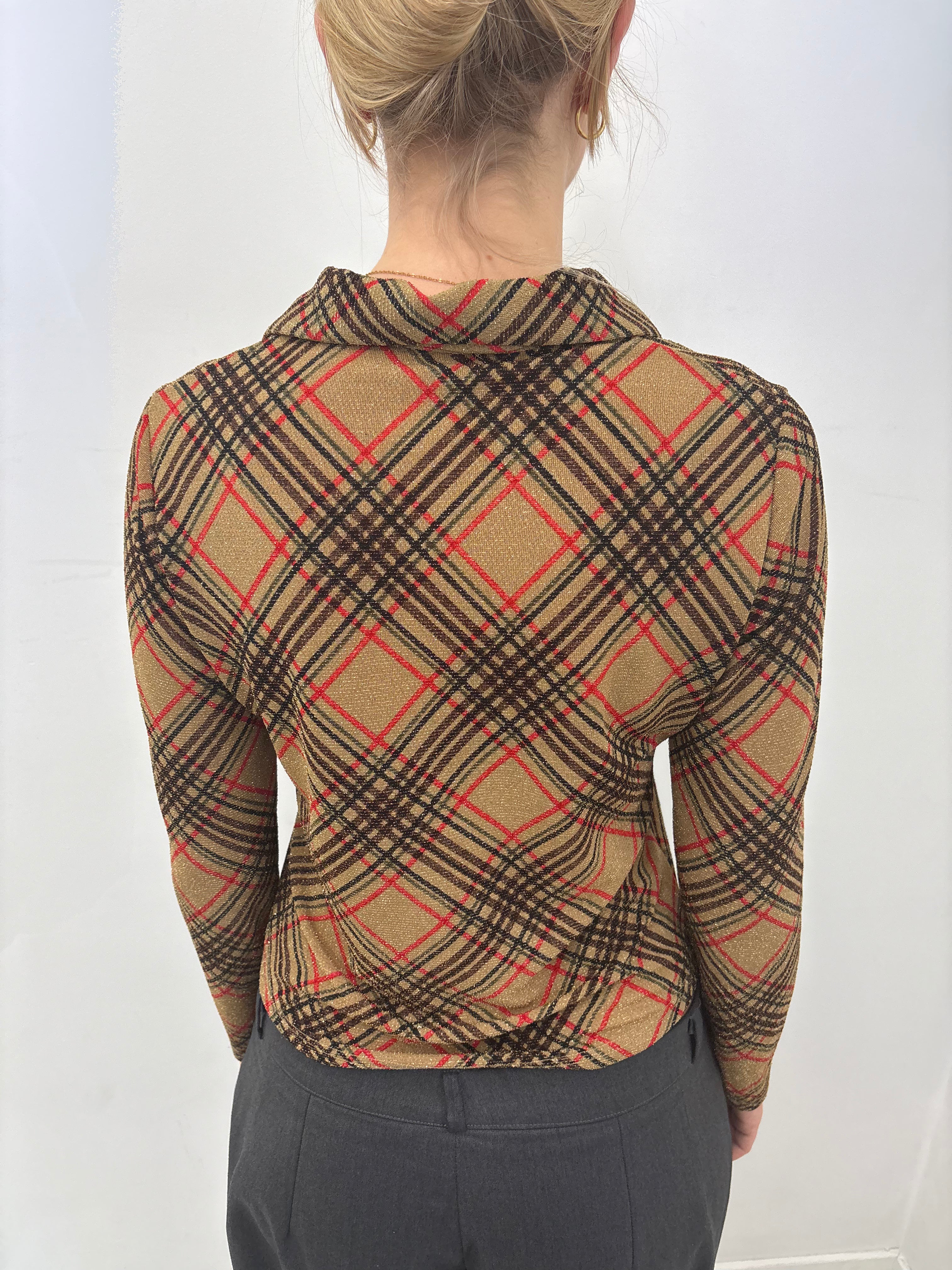 Y2K Gold Lurex Plaid Collared Top