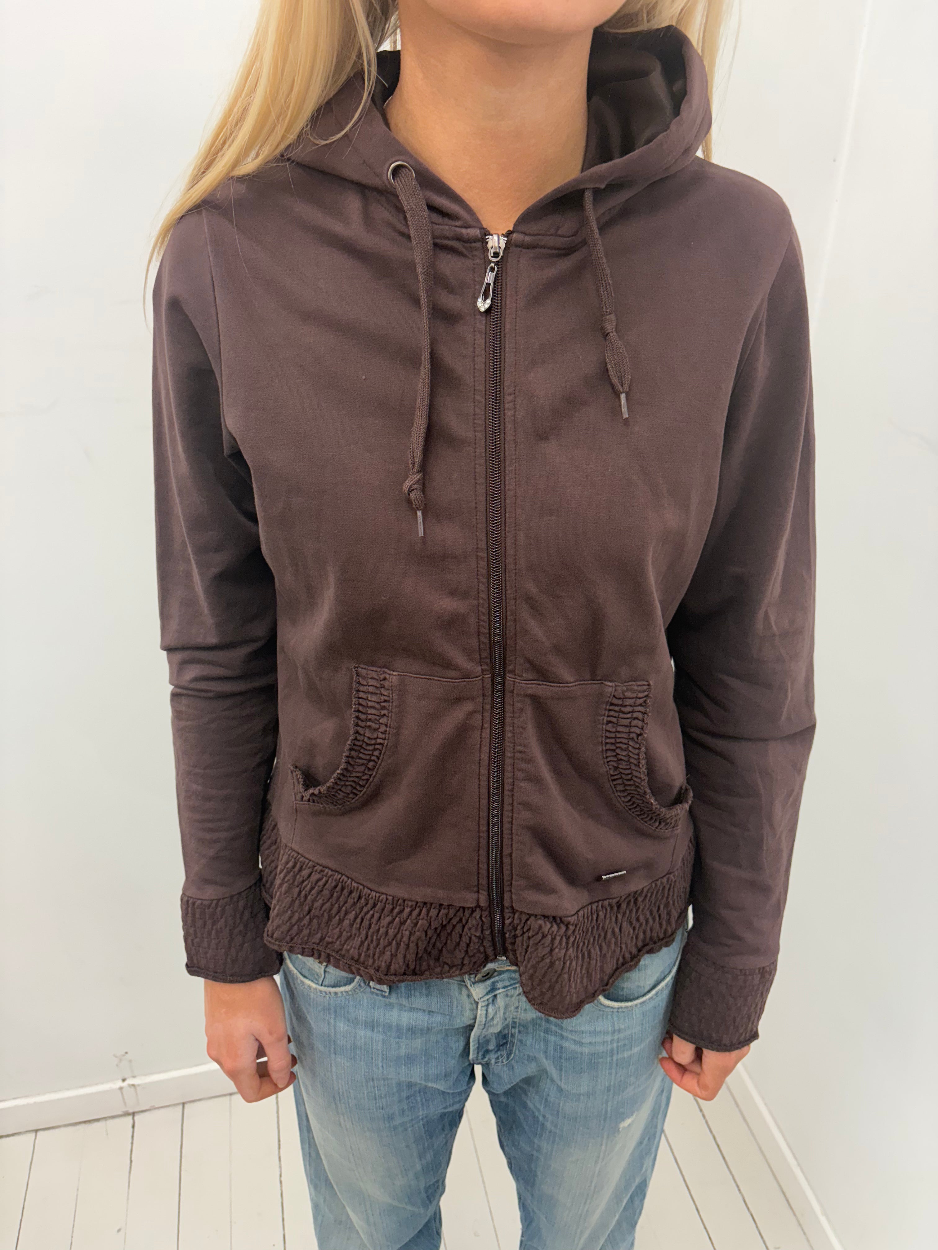Y2K Brown Zip-Up Hoodie with Smocked Details